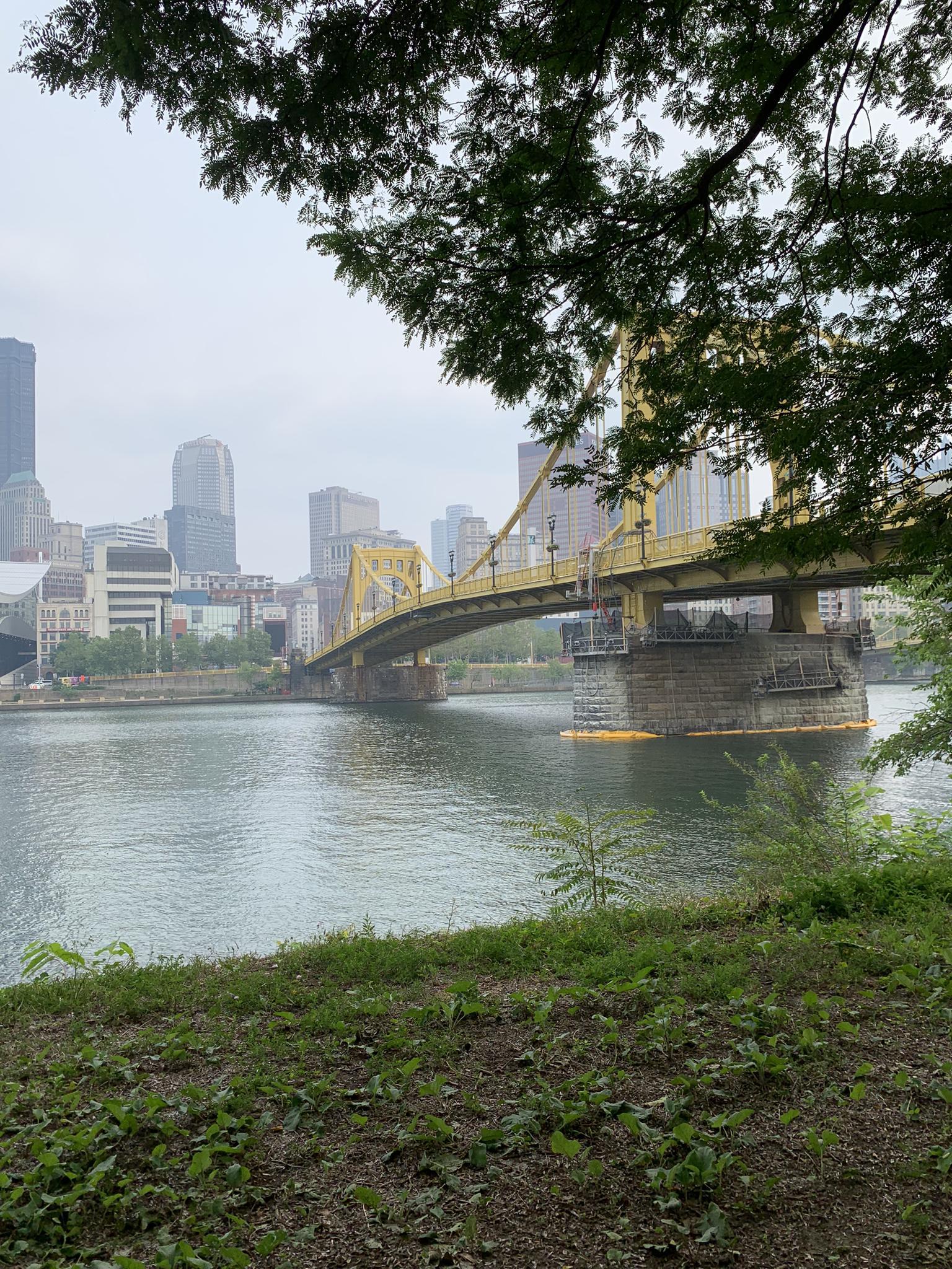 Yellow suspension bridge over a river with a city skyline on an overcast day.