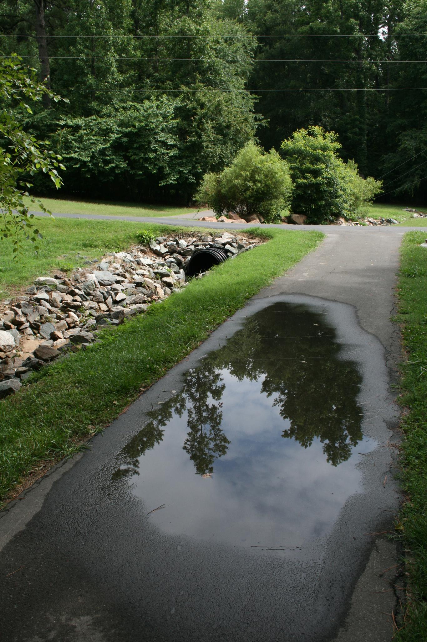 Paved path with a large puddle reflecting trees and sky, next to a rocky ditch.