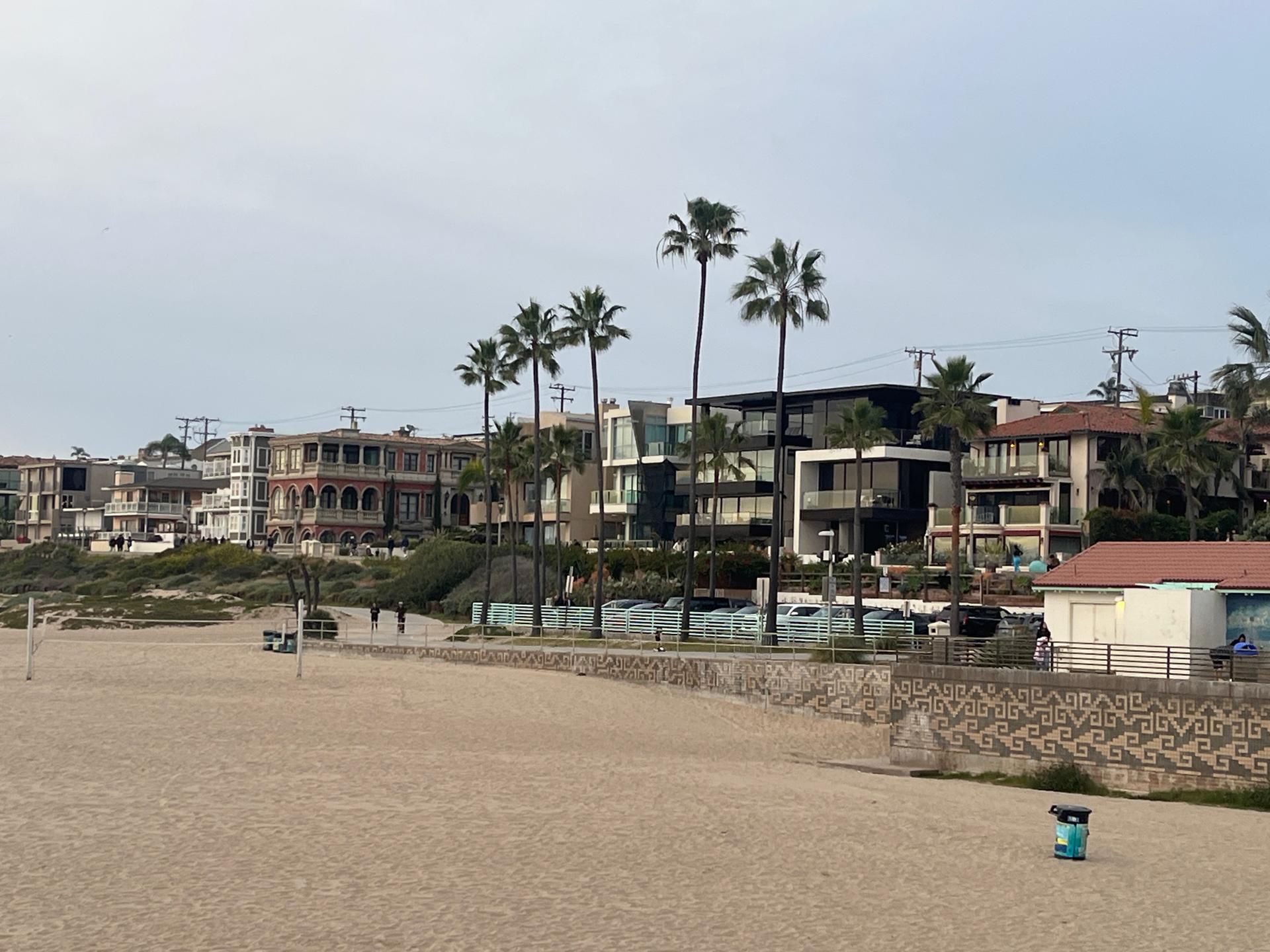 Beachfront houses and palm trees line a wide sandy beach under an overcast sky.