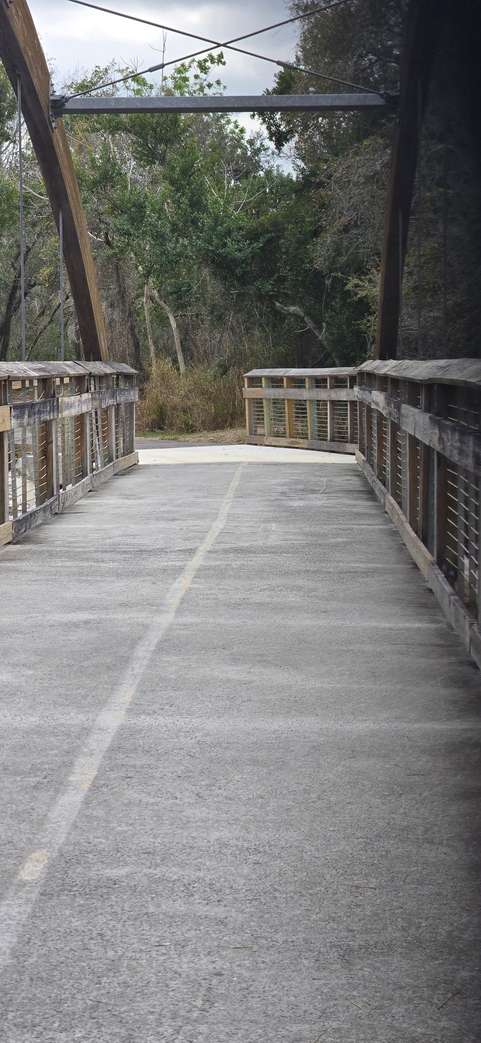 Elevated walkway with wooden railings leading into a wooded area on an overcast day. - Upper Tampa Bay Trail