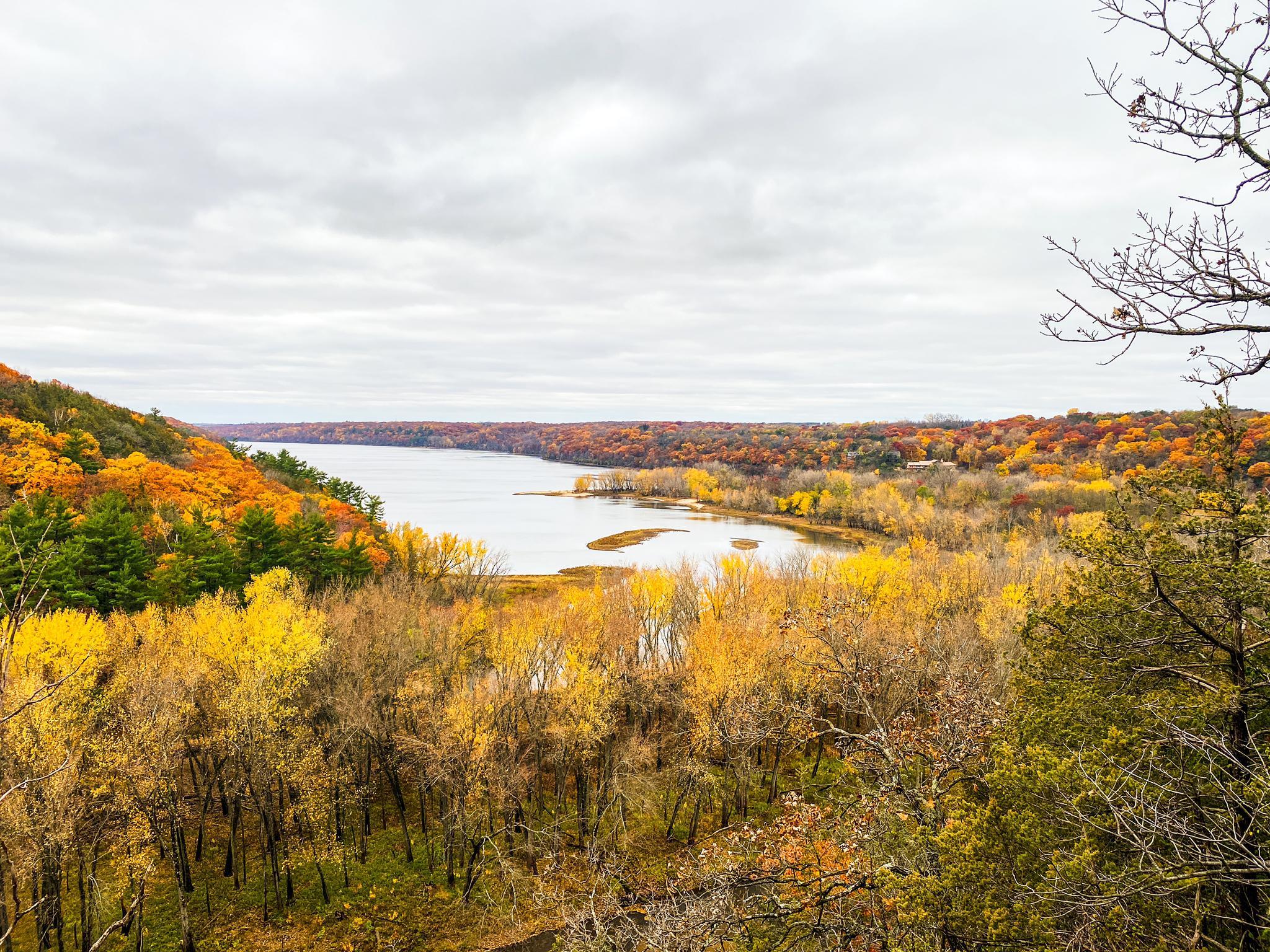 Wide river surrounded by vibrant autumn trees under an overcast sky.