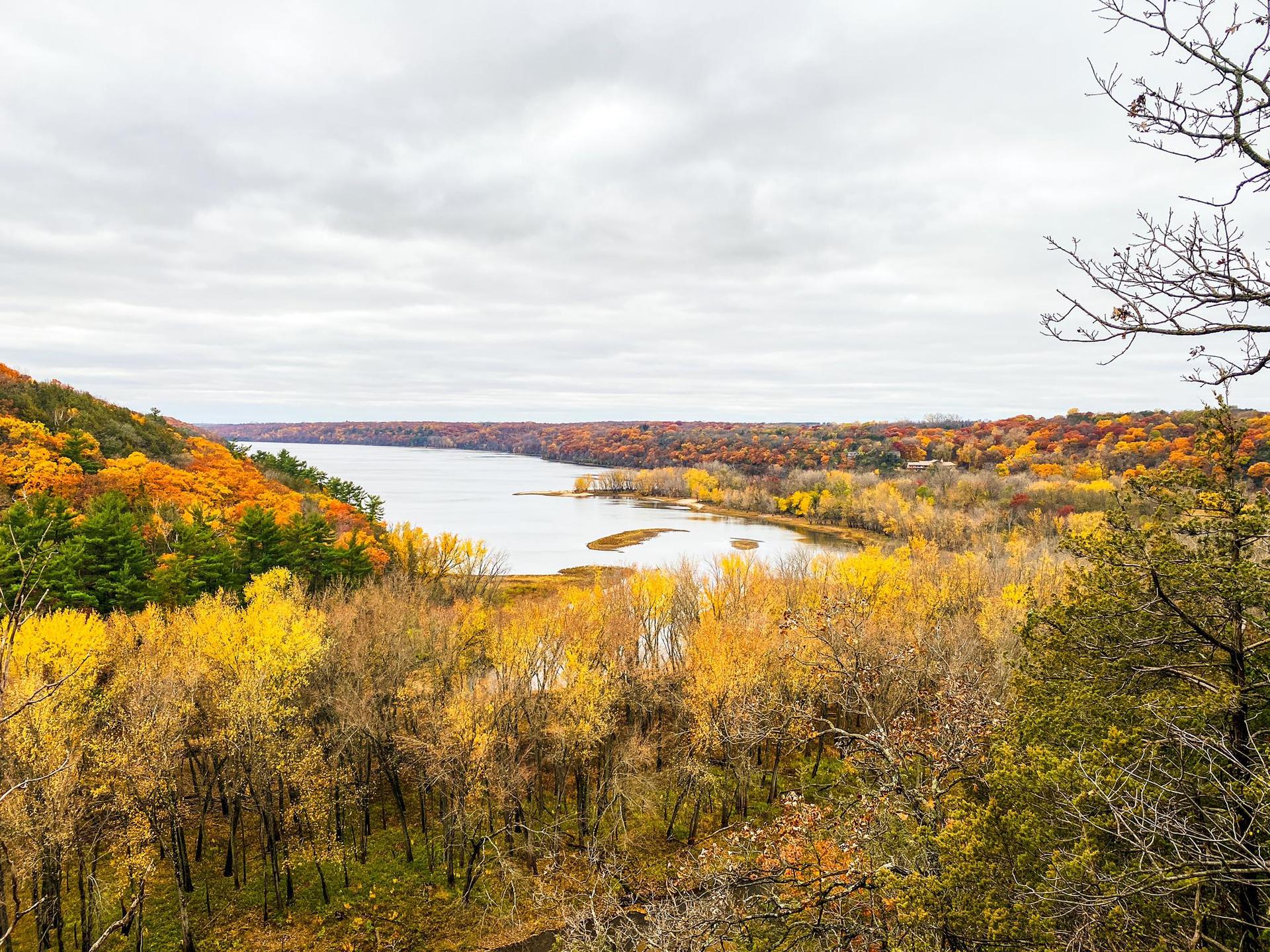 Wide river surrounded by vibrant autumn trees under an overcast sky.