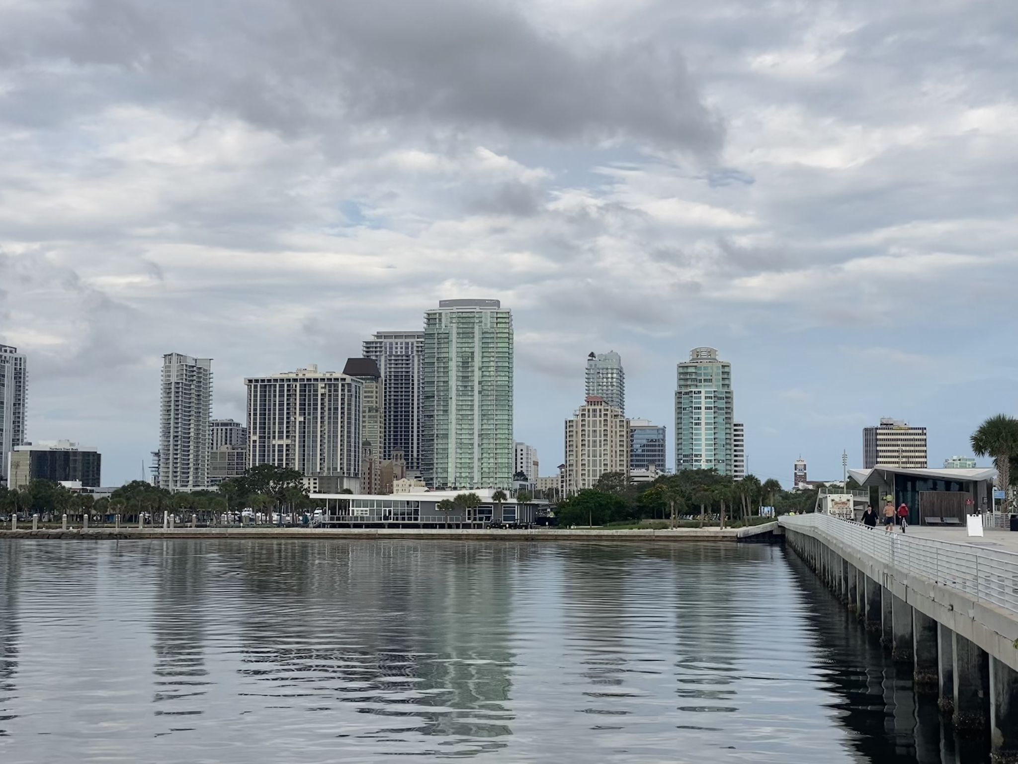 City skyline across water under cloudy sky, with a long pier. - St. Pete Pier