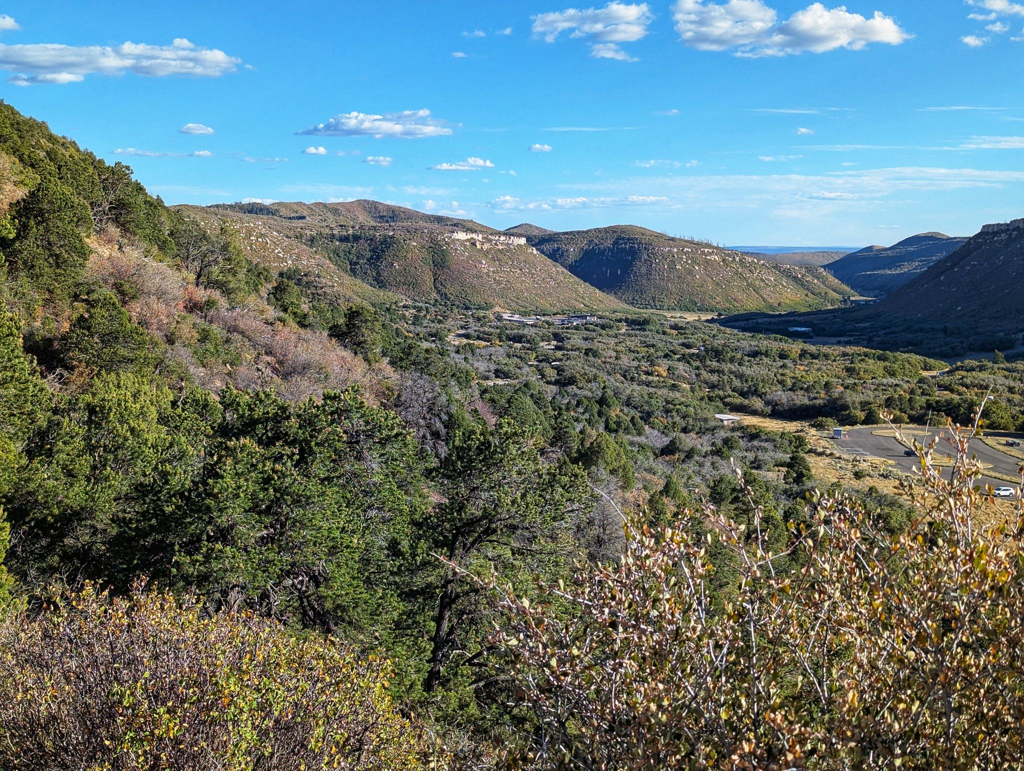 Sunny view of a green valley surrounded by forested hills and clear sky. - Point Lookout Trail – Mesa Verde National Park
