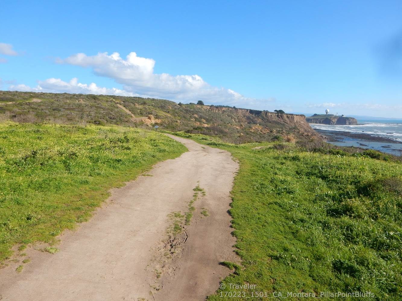Dirt path winding through green grassy hills under a blue sky. - Pillar Point Bluff Loop Trail