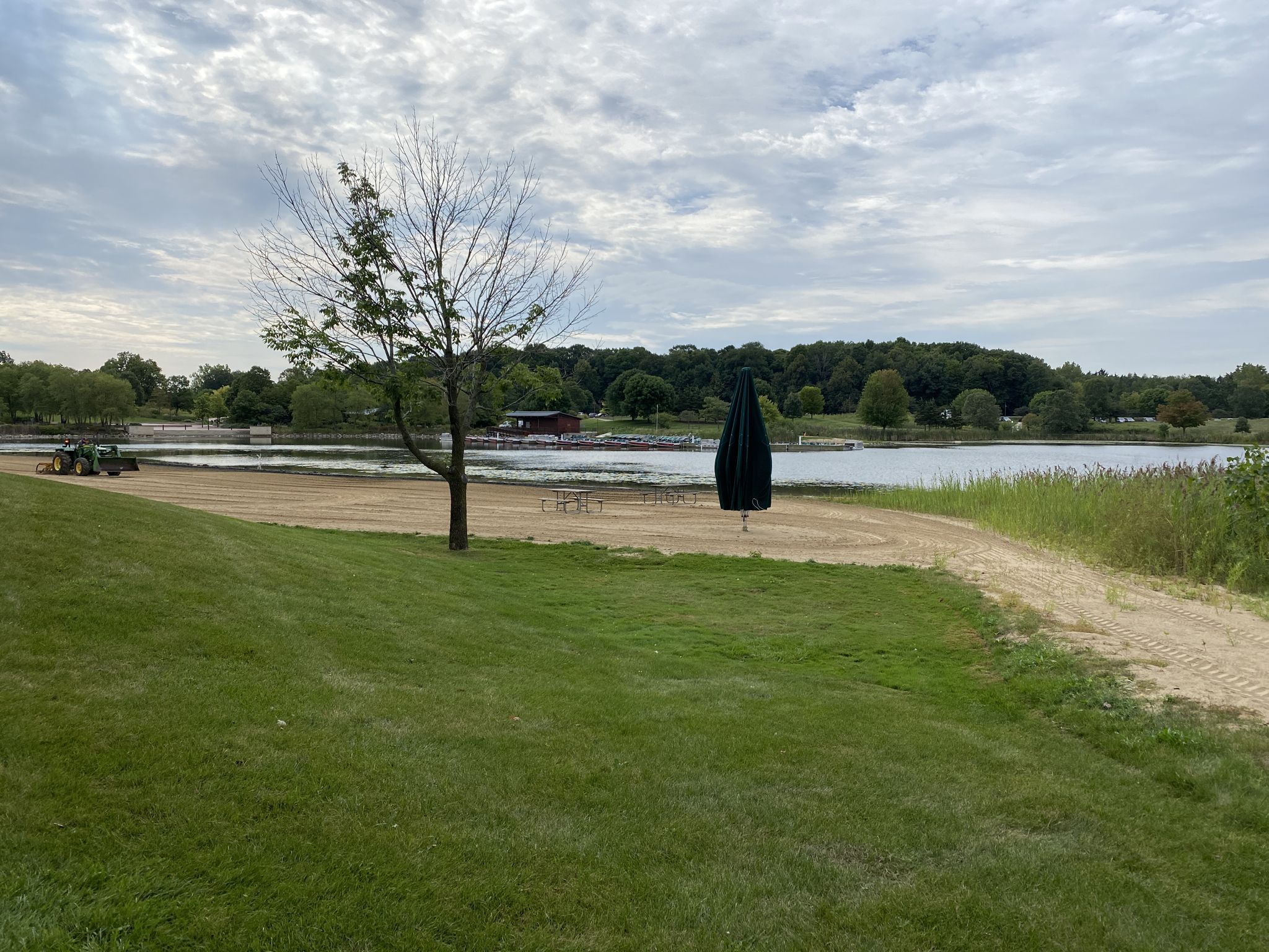Grassy area and sandy beach by a lake under an overcast sky. - Independence Grove Lake – Lake Forest City Hall loop from South Bay