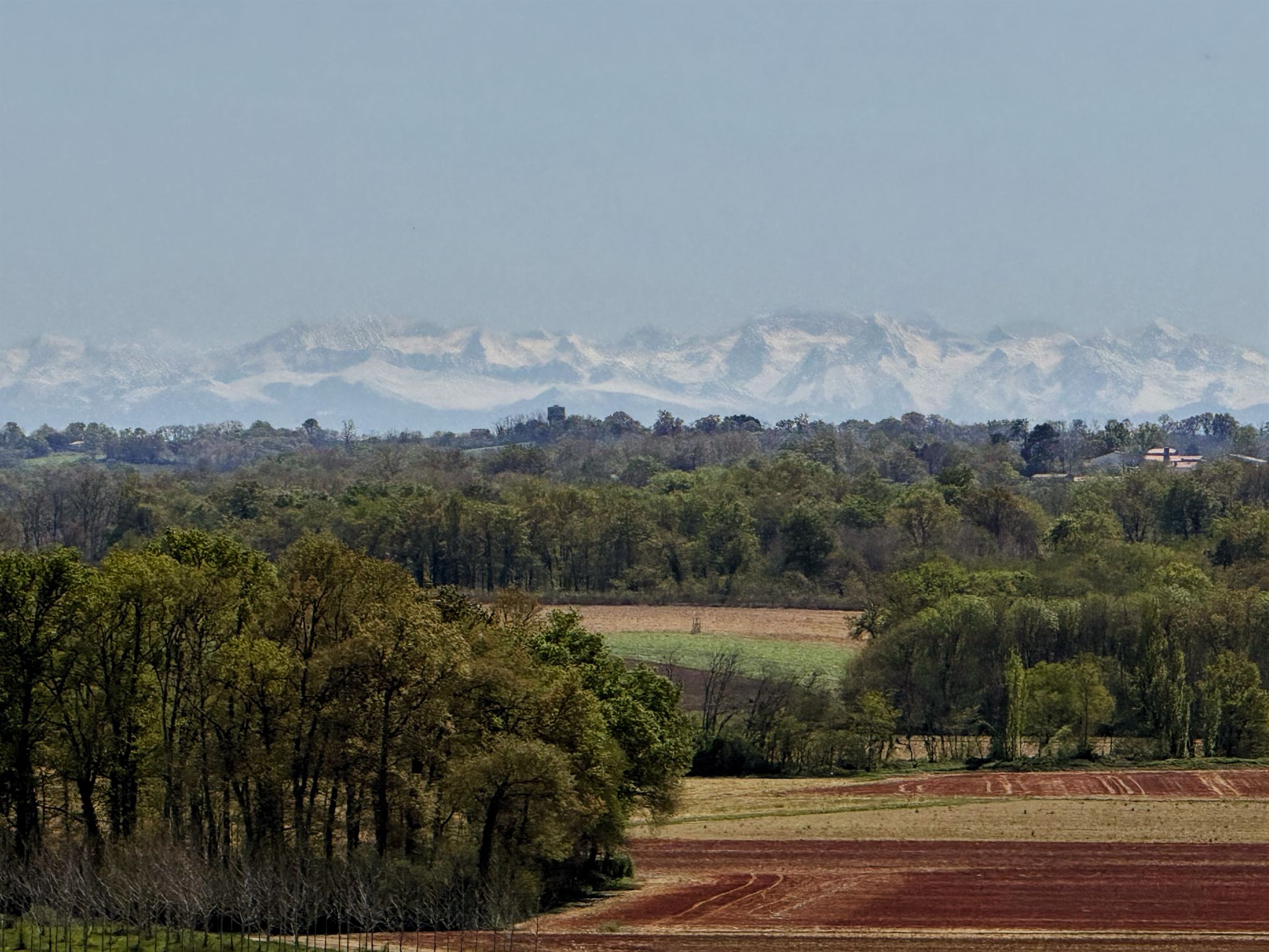 Depuis un point haut, vue sur les Pyrénées encore enneigées😍