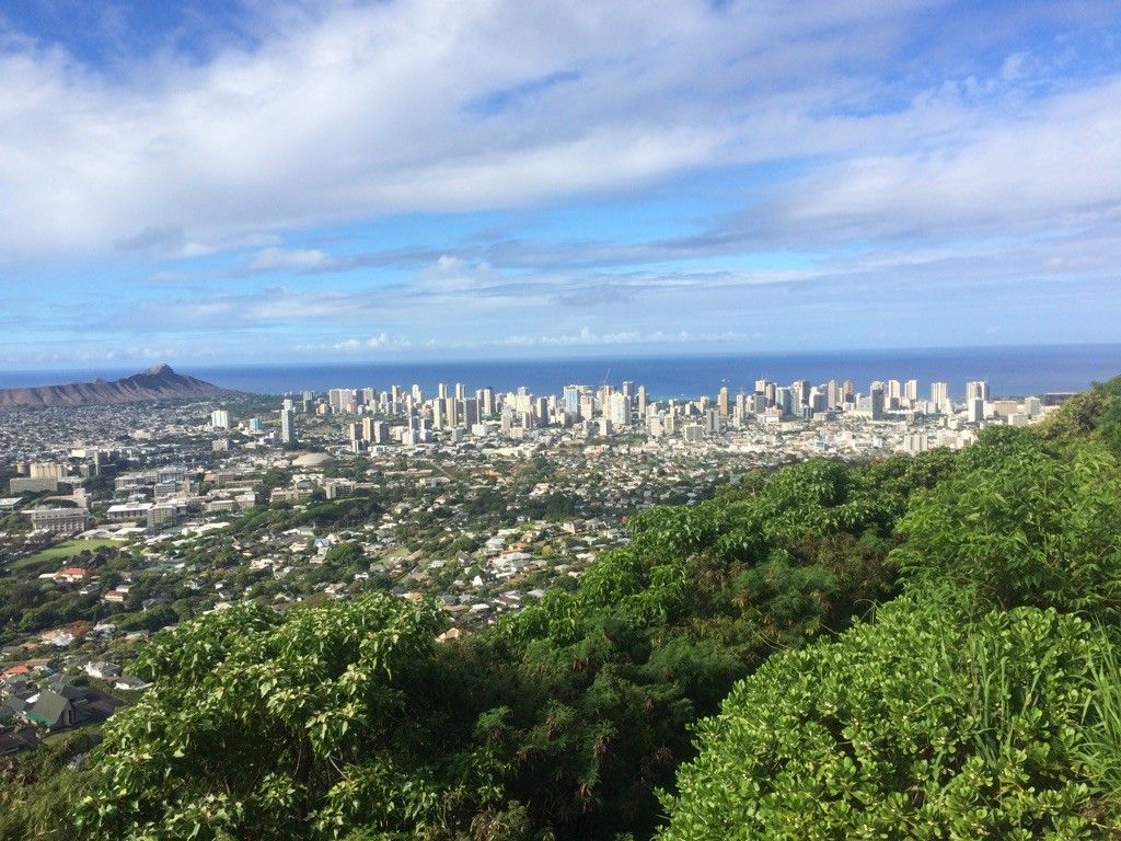 Bright daylight view of a coastal city, mountain, and green hills. - Pālolo via Tantalus Drive loop