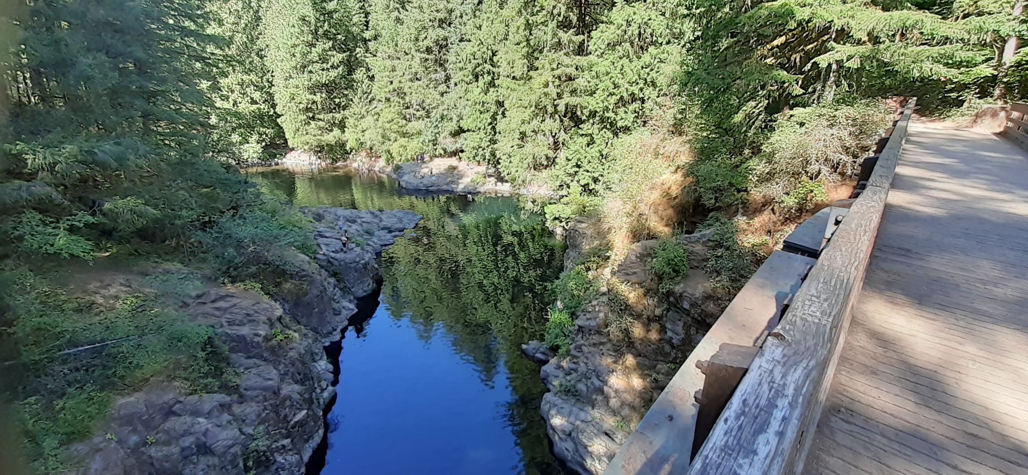 A narrow river flows through a green forest under a sunny sky, next to a wooden bridge. - Moulton Falls and Bells Mountain Loop