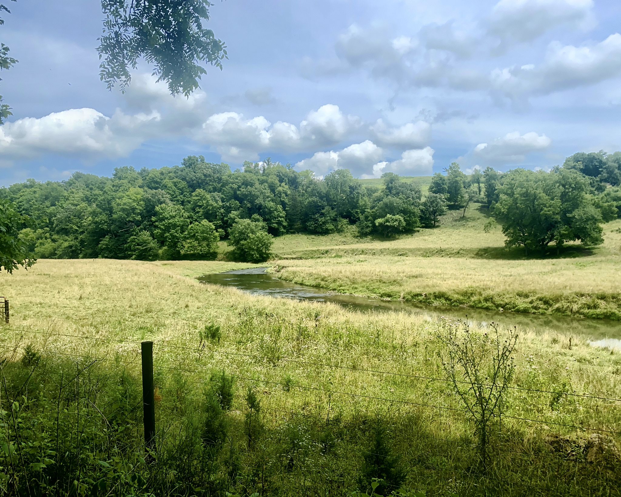 A winding river flows through lush green fields under a cloudy sky. - Heritage Trail Truss Bridge loop from Kidder