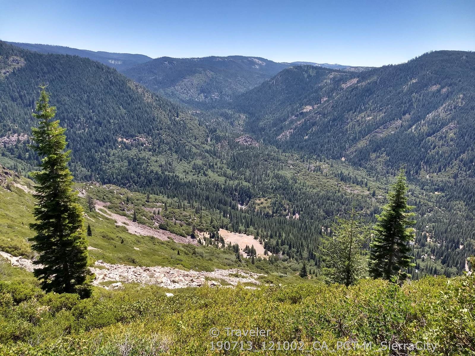 Wide valley with dense green forests under bright daylight. - Sierra Buttes Trail