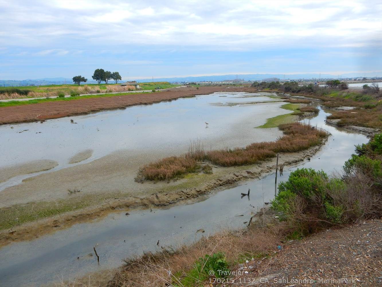 A wide marshland waterway with sparse vegetation under an overcast sky. - San Francisco Bay Trail and Hayward Loop