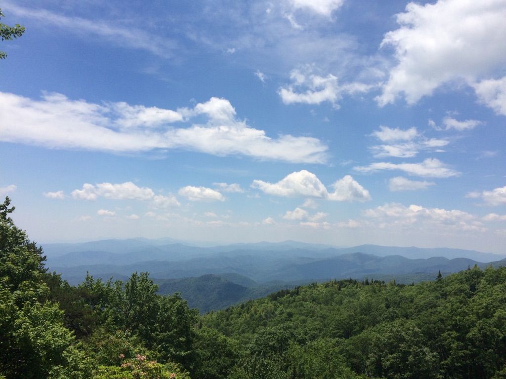 Expansive view of rolling green mountains under a bright blue sky with white clouds. - Mount Mitchell from Green Knob Overlook
