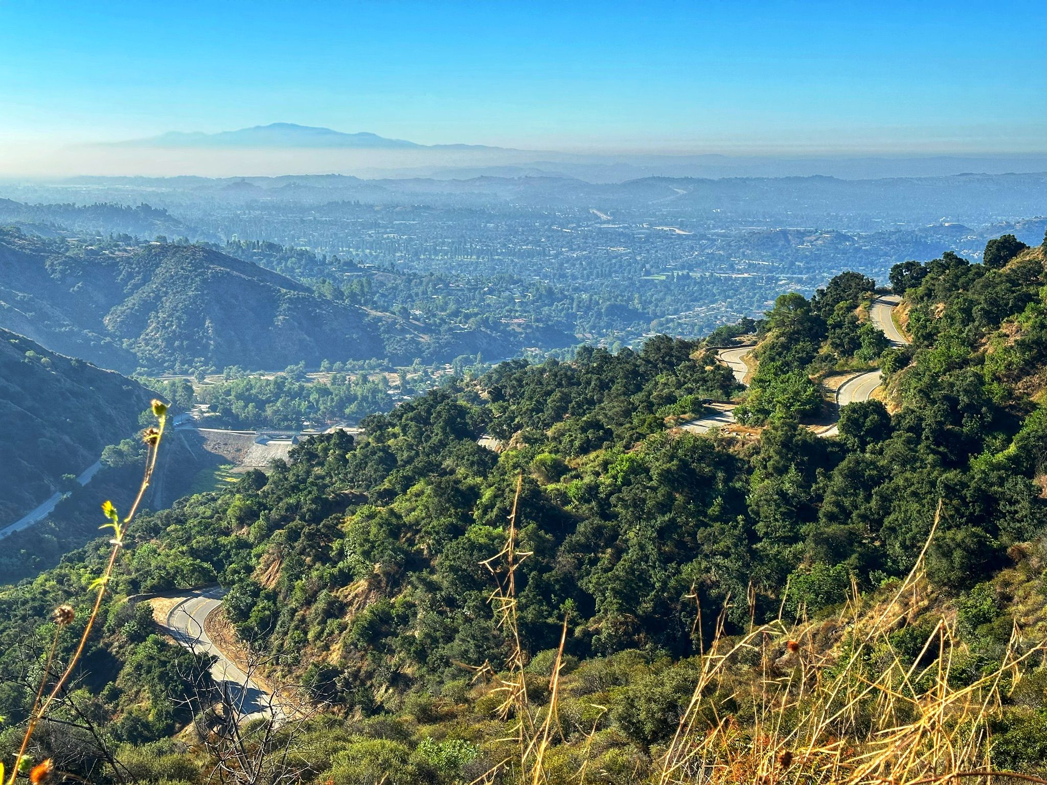 Winding road through green, forested hills with a hazy city below. - Glendora Mountain Loop