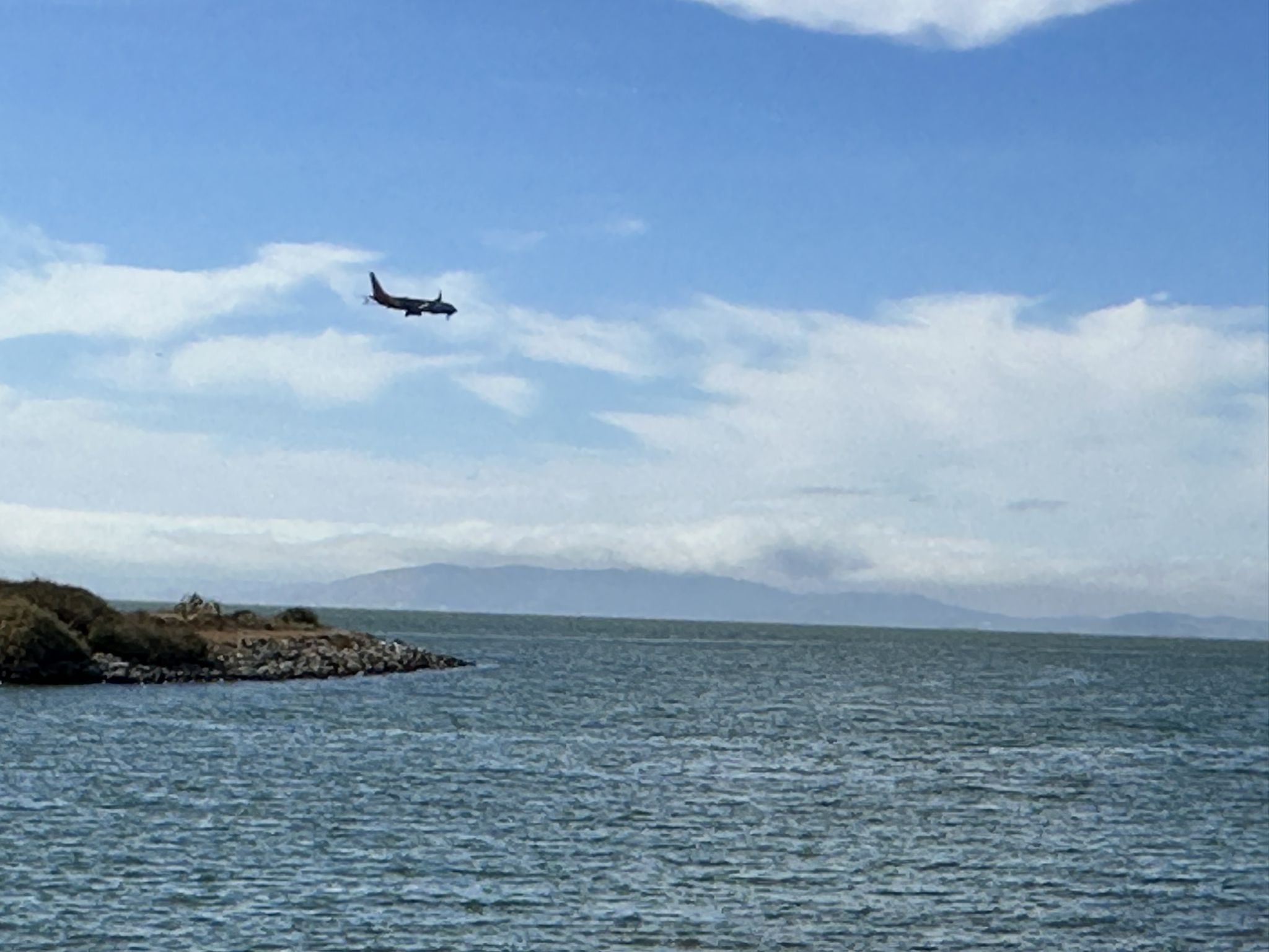 An airplane flying over a large body of water and distant mountains. - Marina Park, San Leandro – Wes McClure Boat Launch loop from Oyster Bay Regional Shoreline