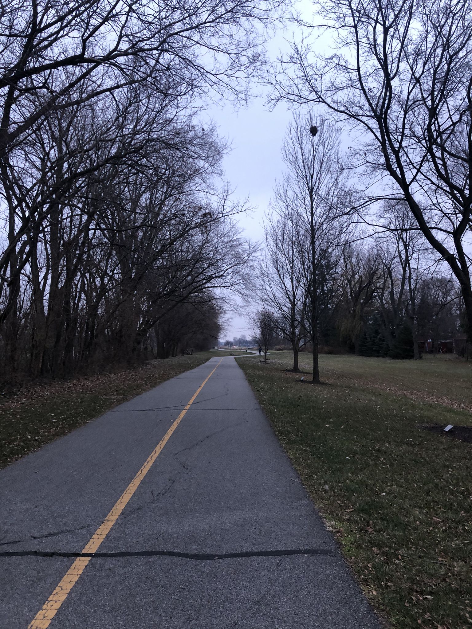 Overcast day on a paved path bordered by bare trees and grass. - Erie Lackawanna Trail: Griffith to Highland