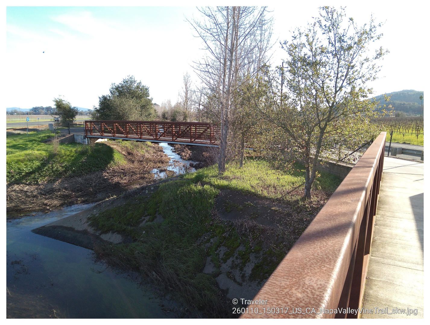 A wooden bridge over a small stream, with green grass and trees. - Napa Valley Vine Trail