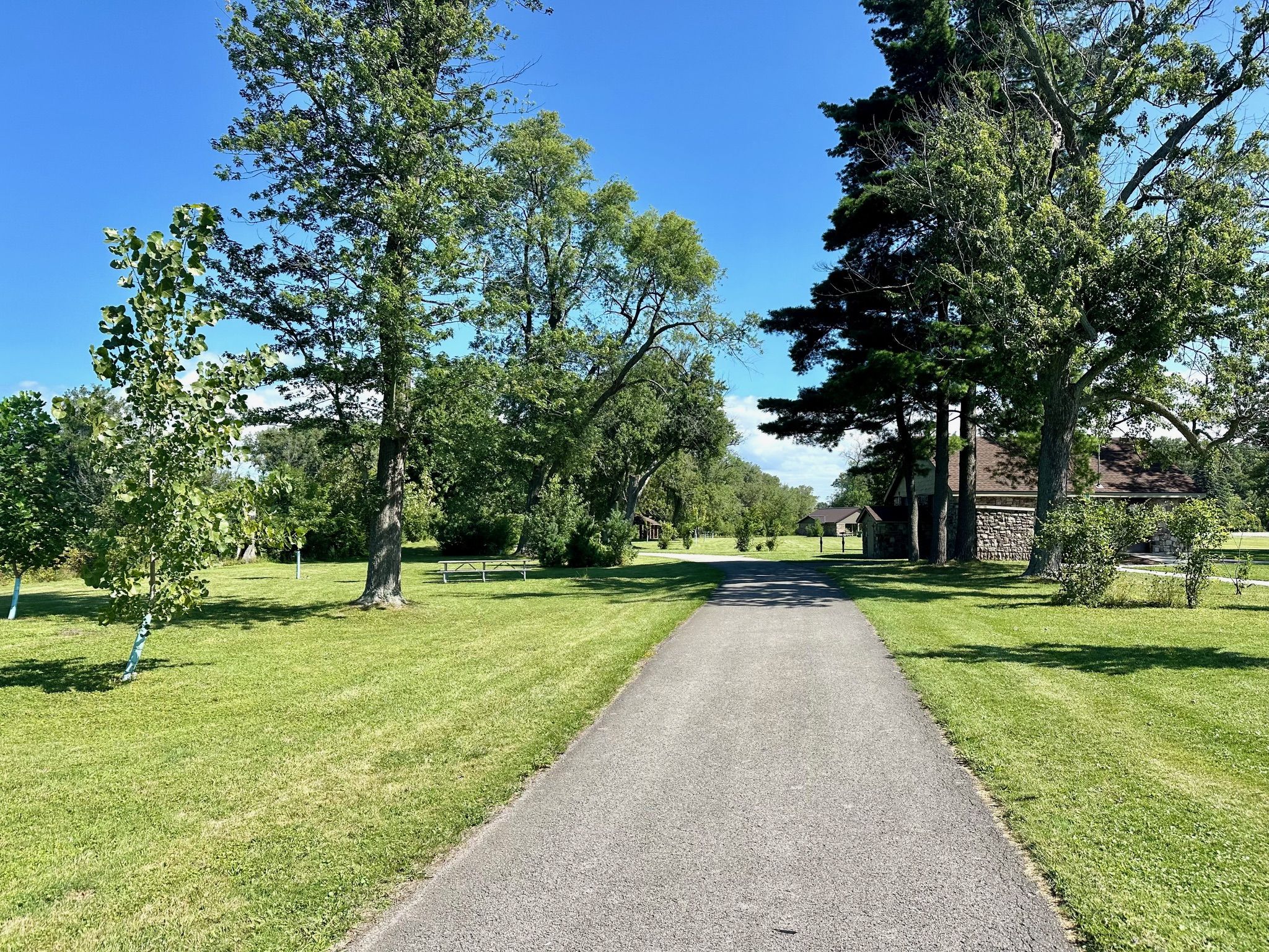 Paved path through a grassy park with trees under a blue sky. - Ellicott Creek and Canalway Trail Loop