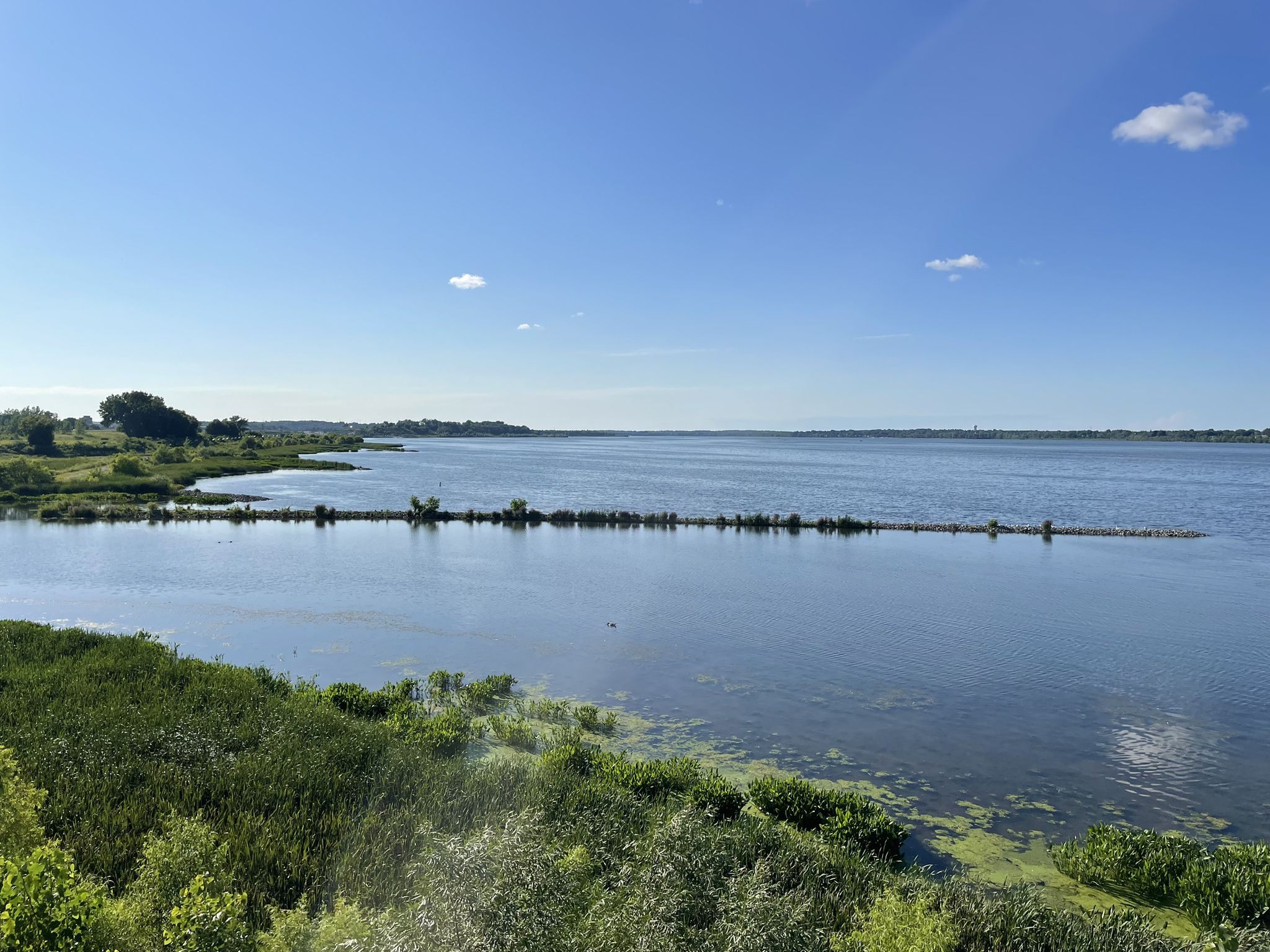 Expansive calm lake with green shoreline and a clear blue sky on a sunny day. - Onondaga Creekwalk and Loop the Lake Trail