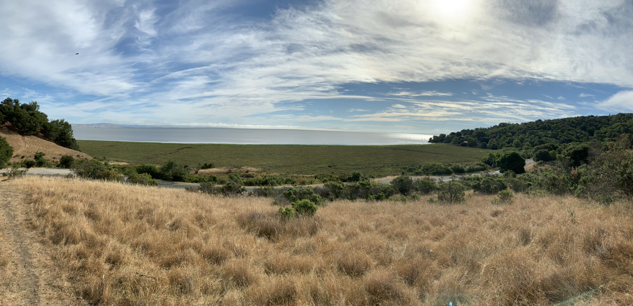 Panoramic view of dry grass, green marsh, and distant water under clouds. - China Camp State Park – Miwok Meadows loop from McNears Beach
