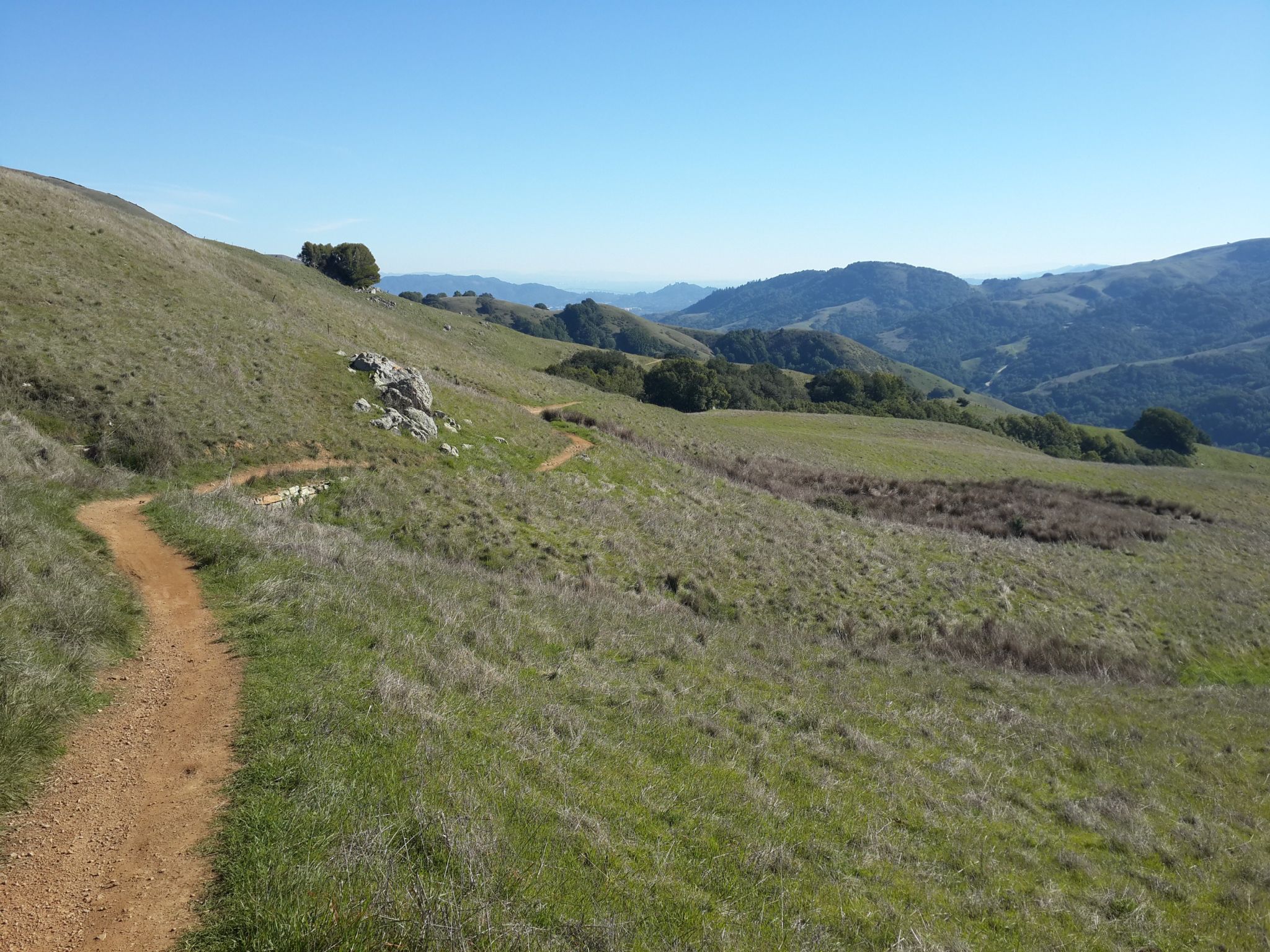 A winding dirt path on a grassy hillside with distant green mountains. - Bay Area Ridge Trailhead – Upper Big Rock Trail loop from Marin