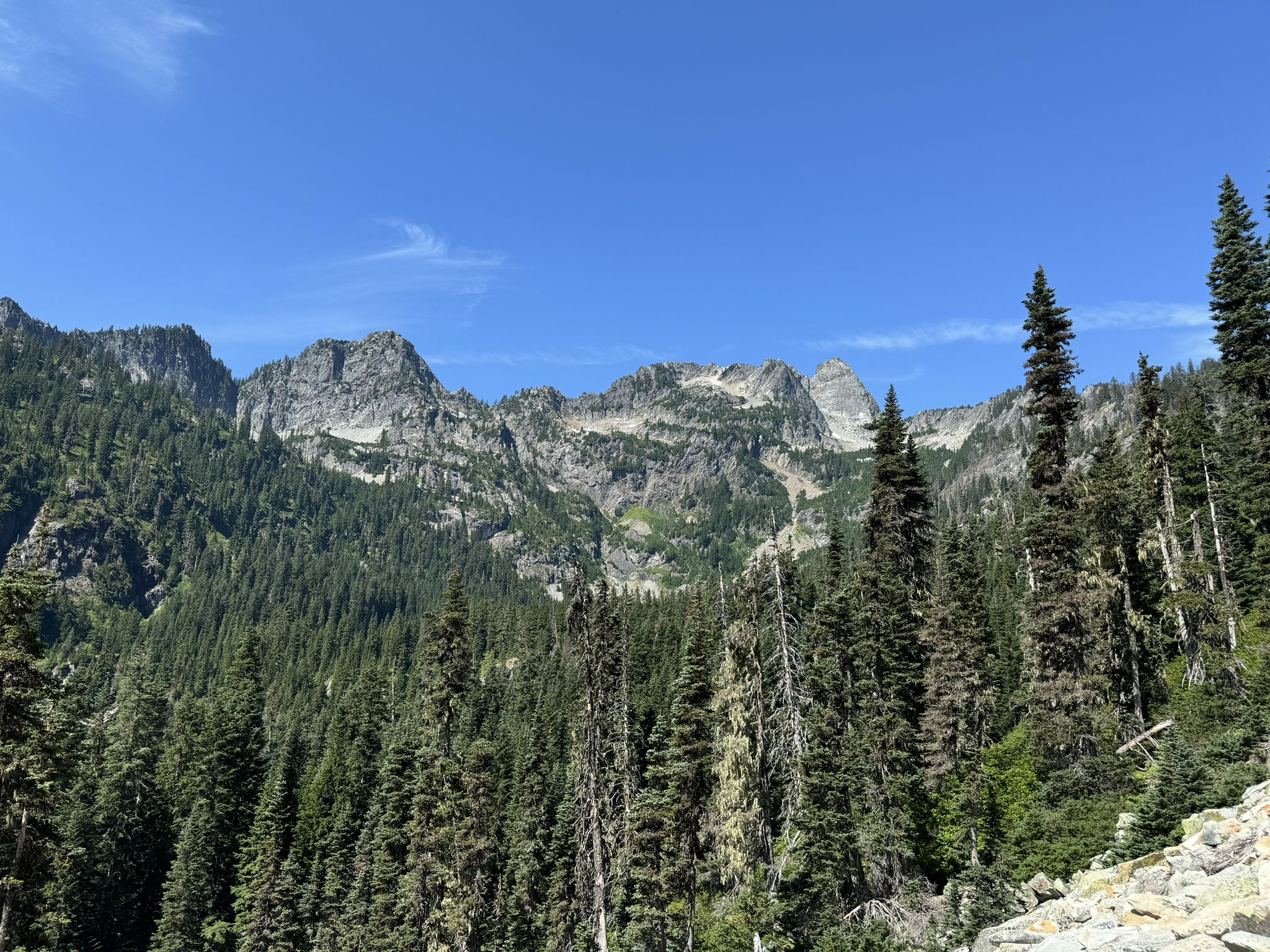 Rugged, rocky mountain peaks rise above a dense evergreen forest on a clear day. - Snow Lake Lookout loop from Lower Lot