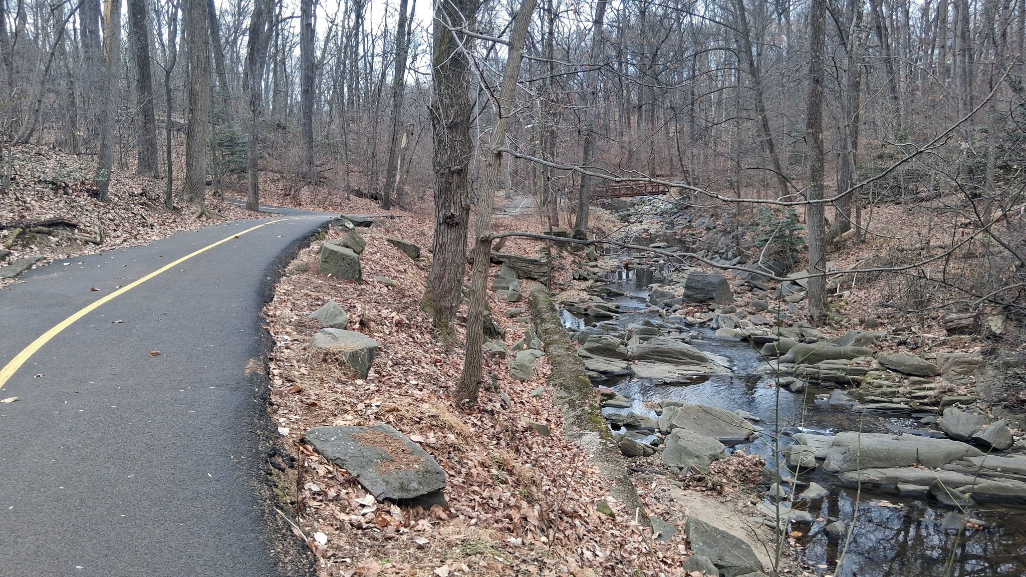 Paved path next to a rocky stream in a bare winter forest. - Lubber Run Trail