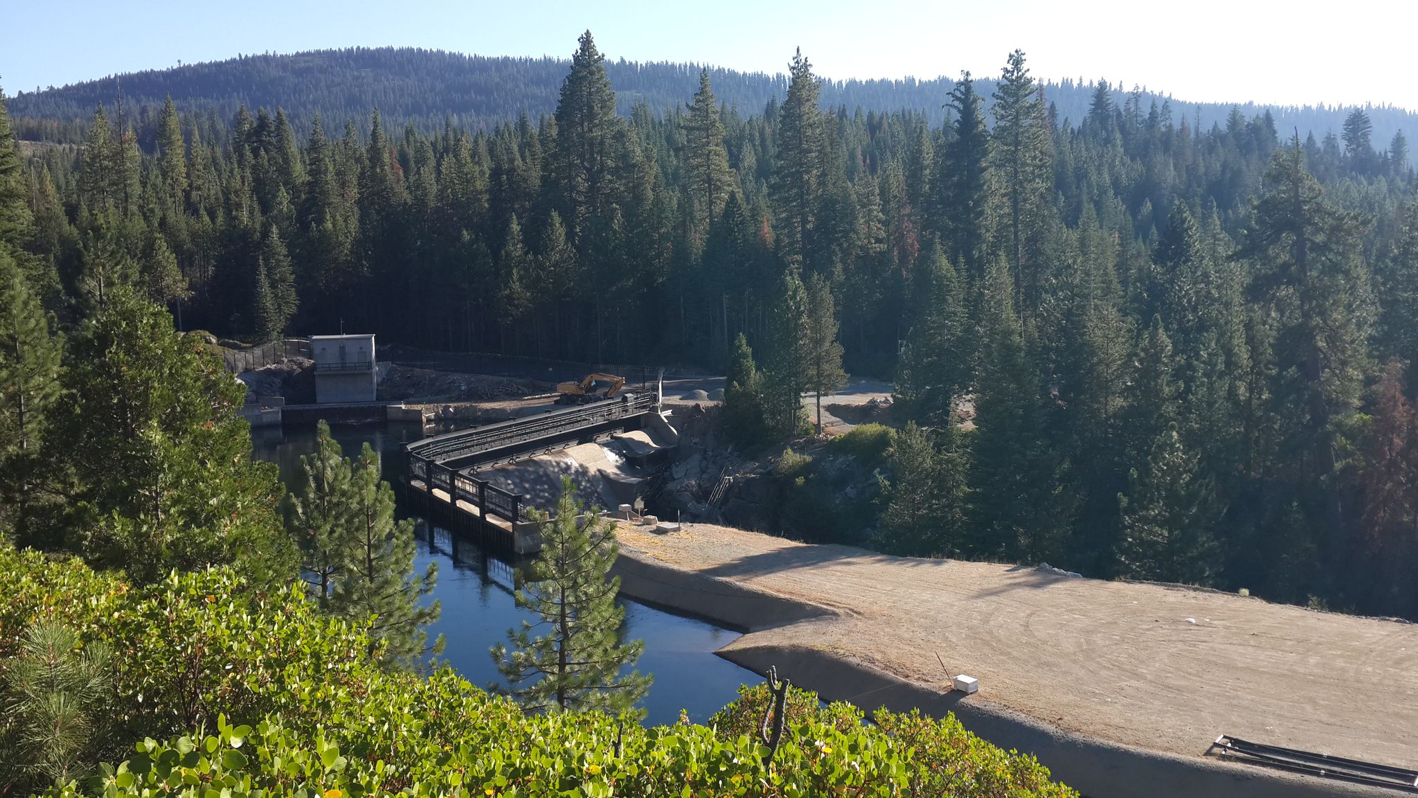 A dam and bridge over a river surrounded by dense pine forest in daylight. - Loon Lake