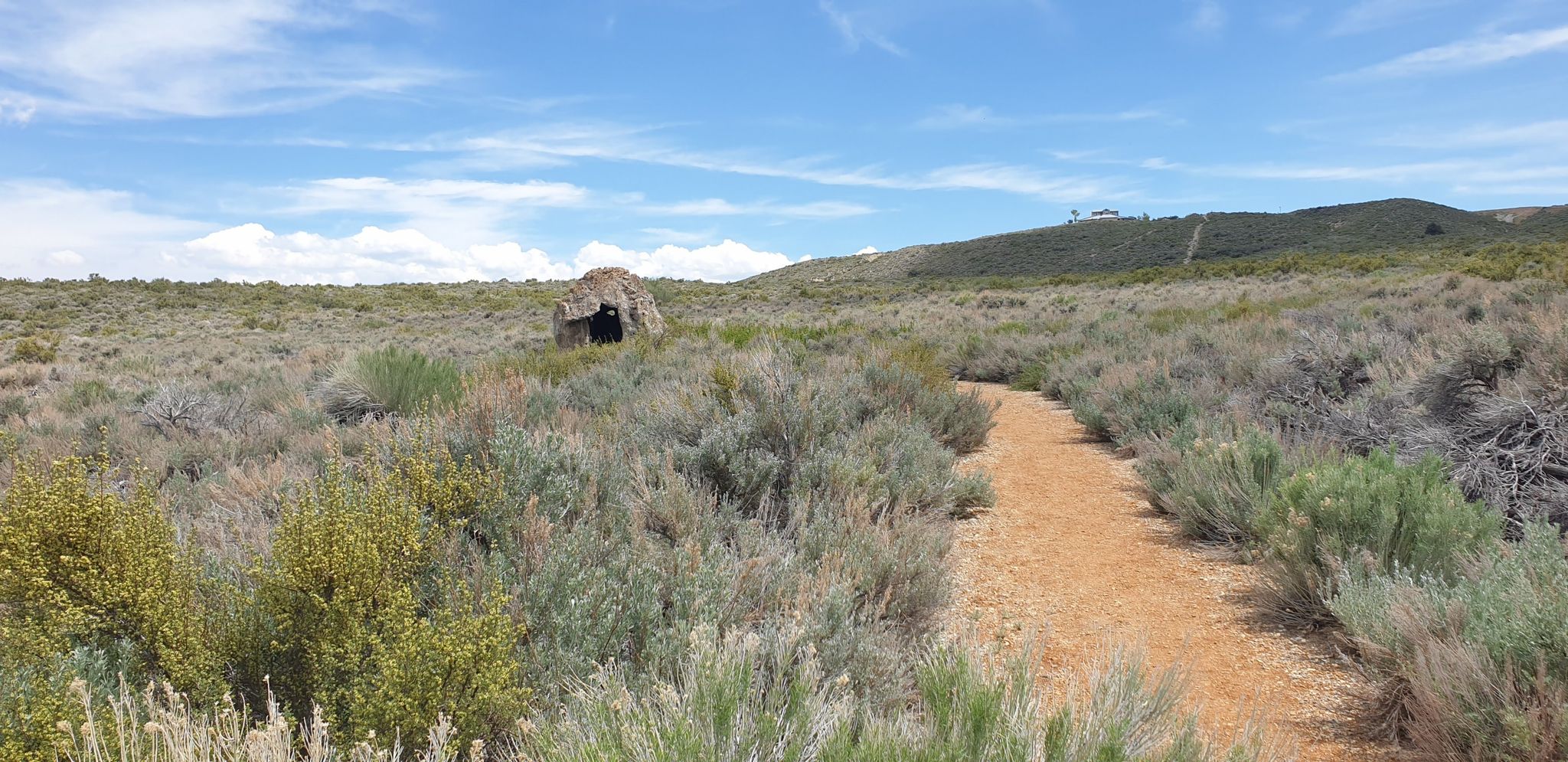 A dirt path winds through arid brush towards a distant rock formation under a blue sky. - Mono Lake Trail