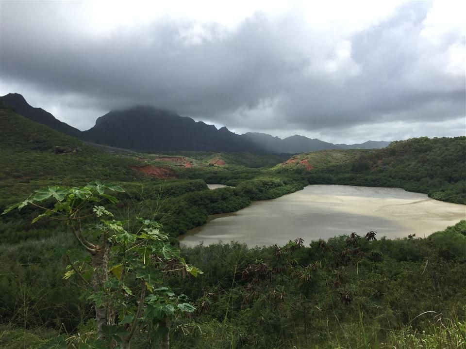 Overcast sky above green mountains, a calm lake, and dense vegetation. - View of Haʻupu Ridge loop from Lihue