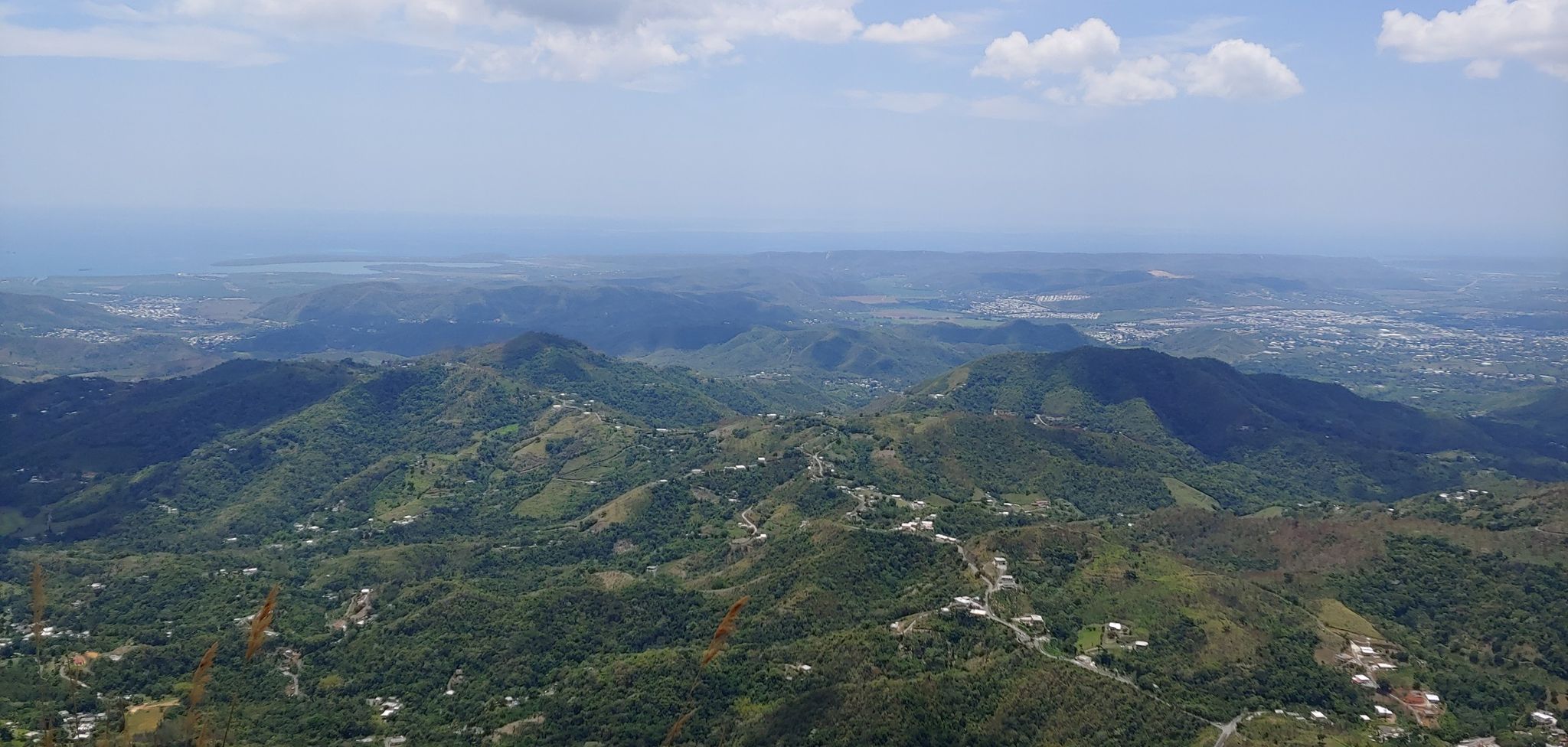 Panoramic view of lush green mountains, winding roads, and distant coastline under bright sky. - Pico Rodadero Trail