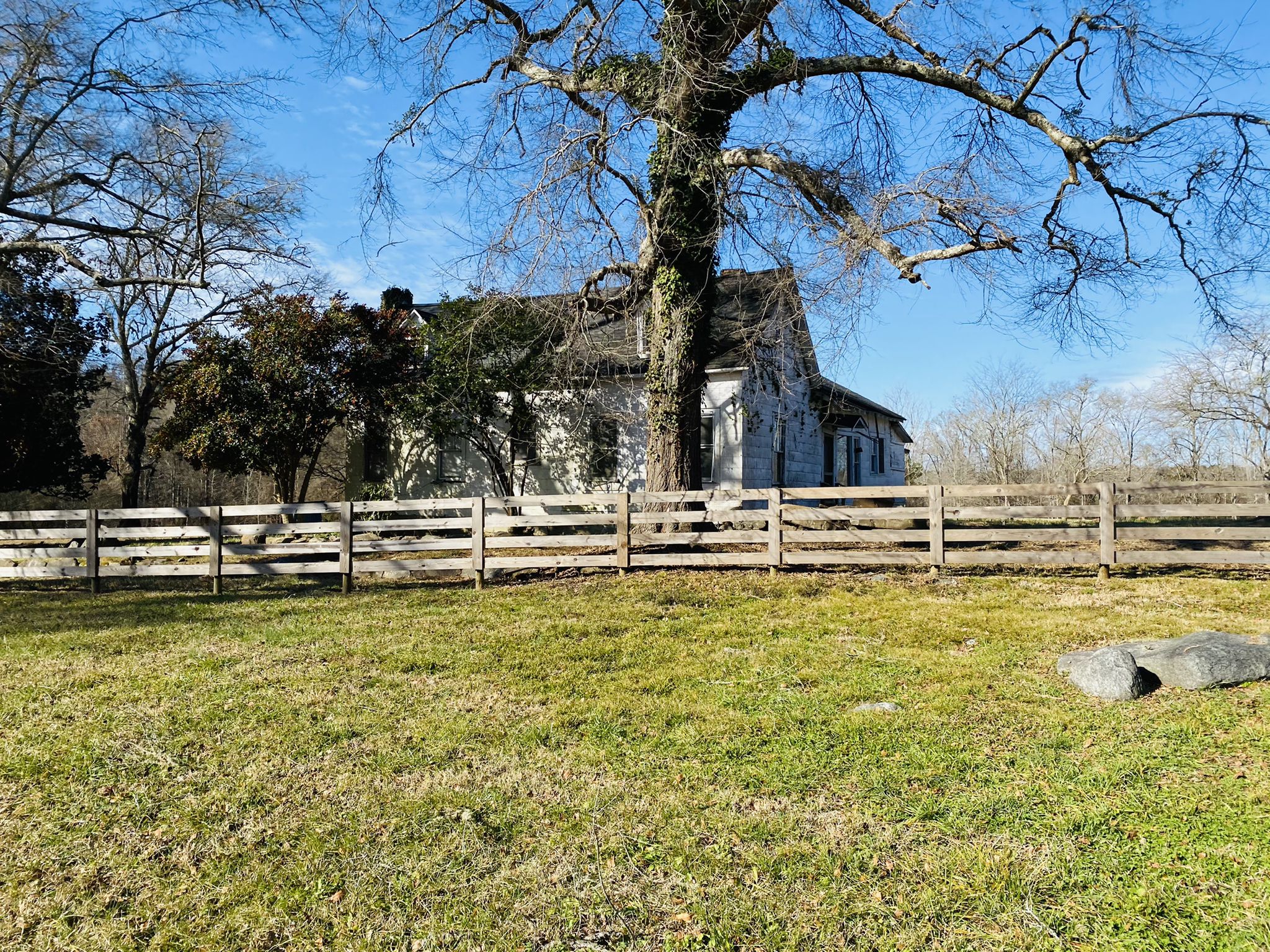 Old house behind a wooden fence, with a large bare tree in front. - Roadbike loop from Serenbe