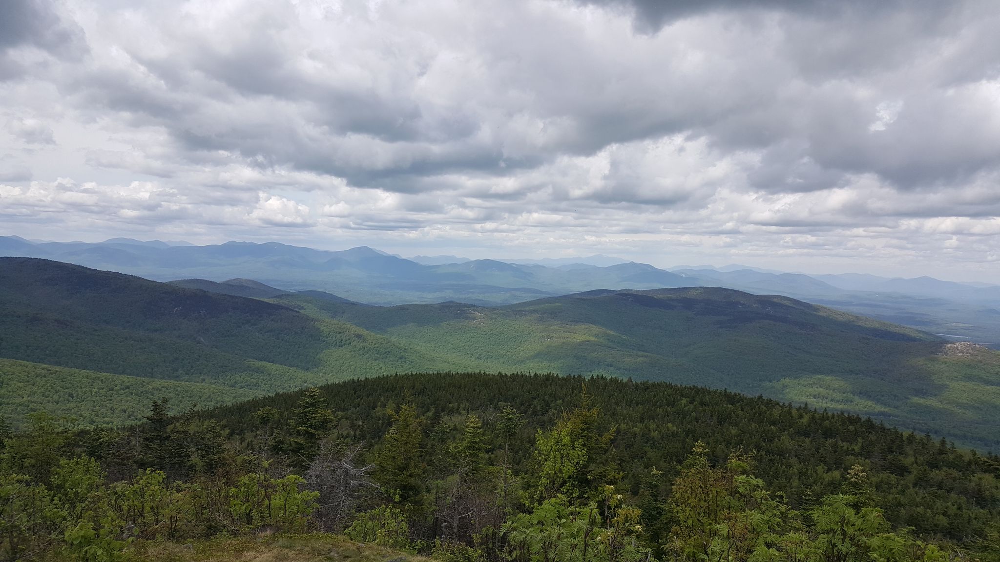 Vast green mountain landscape under a cloudy sky, with forested hills stretching far. - Mount Shaw via Cold Spring Trail
