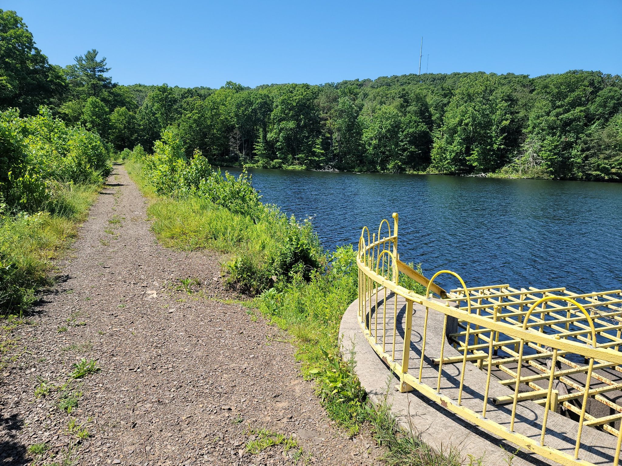 Sunny dirt path next to a calm lake with a bright yellow railing. - Campbell's Ledge and Reservoir Loop