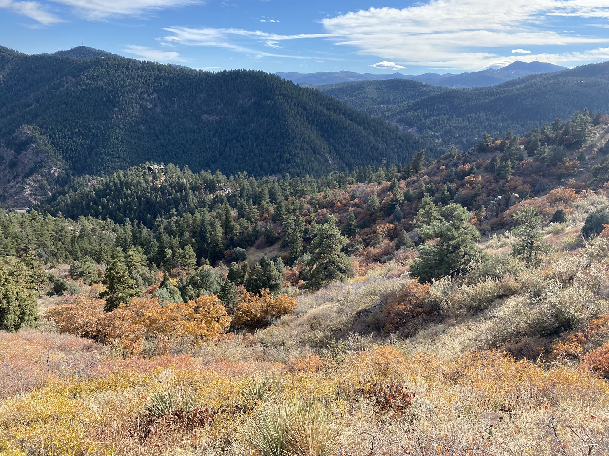 Scenic mountain landscape with forested hills and colorful autumn foliage under blue sky. - Mount Falcon Park West loop