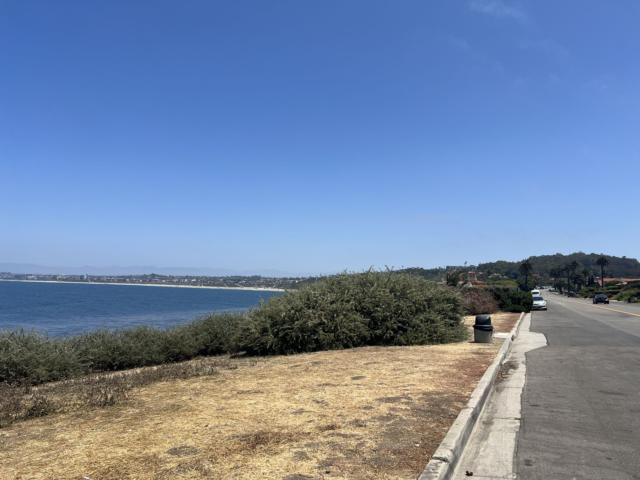 Coastal view with ocean, green bushes, and a road under a bright sky. - Torrance Beach to Flat Rock Point