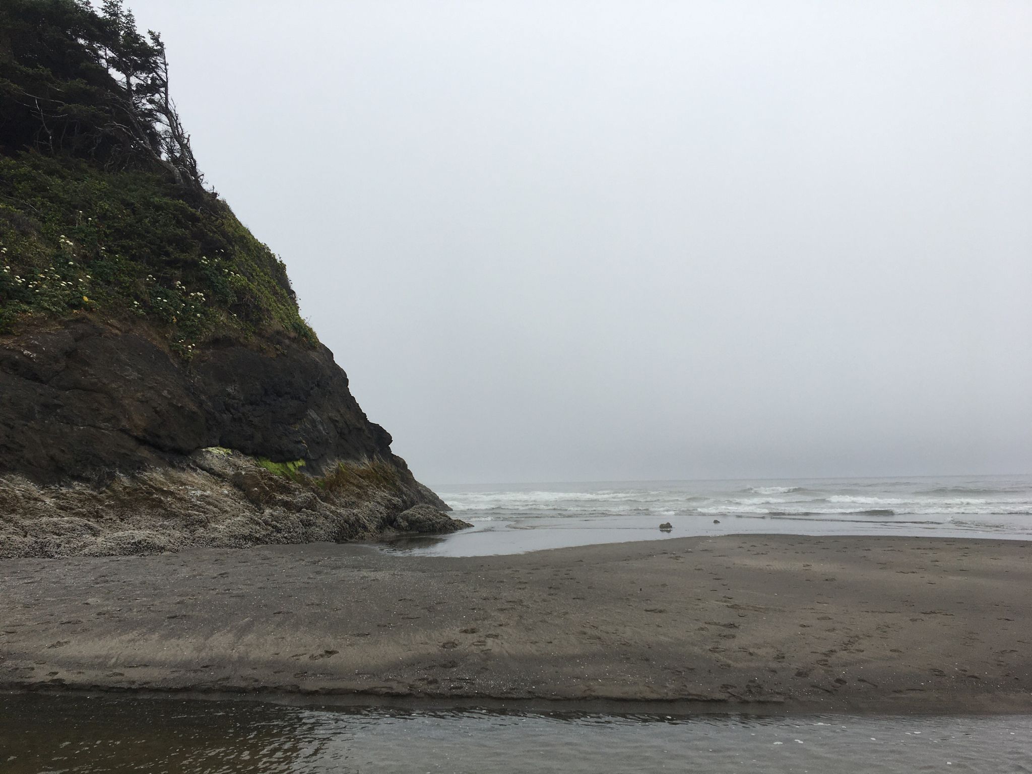 Misty coastal scene with a rocky cliff, sandy beach, and calm ocean. - Oregon Coast Trail: Neskowin Beach Loop