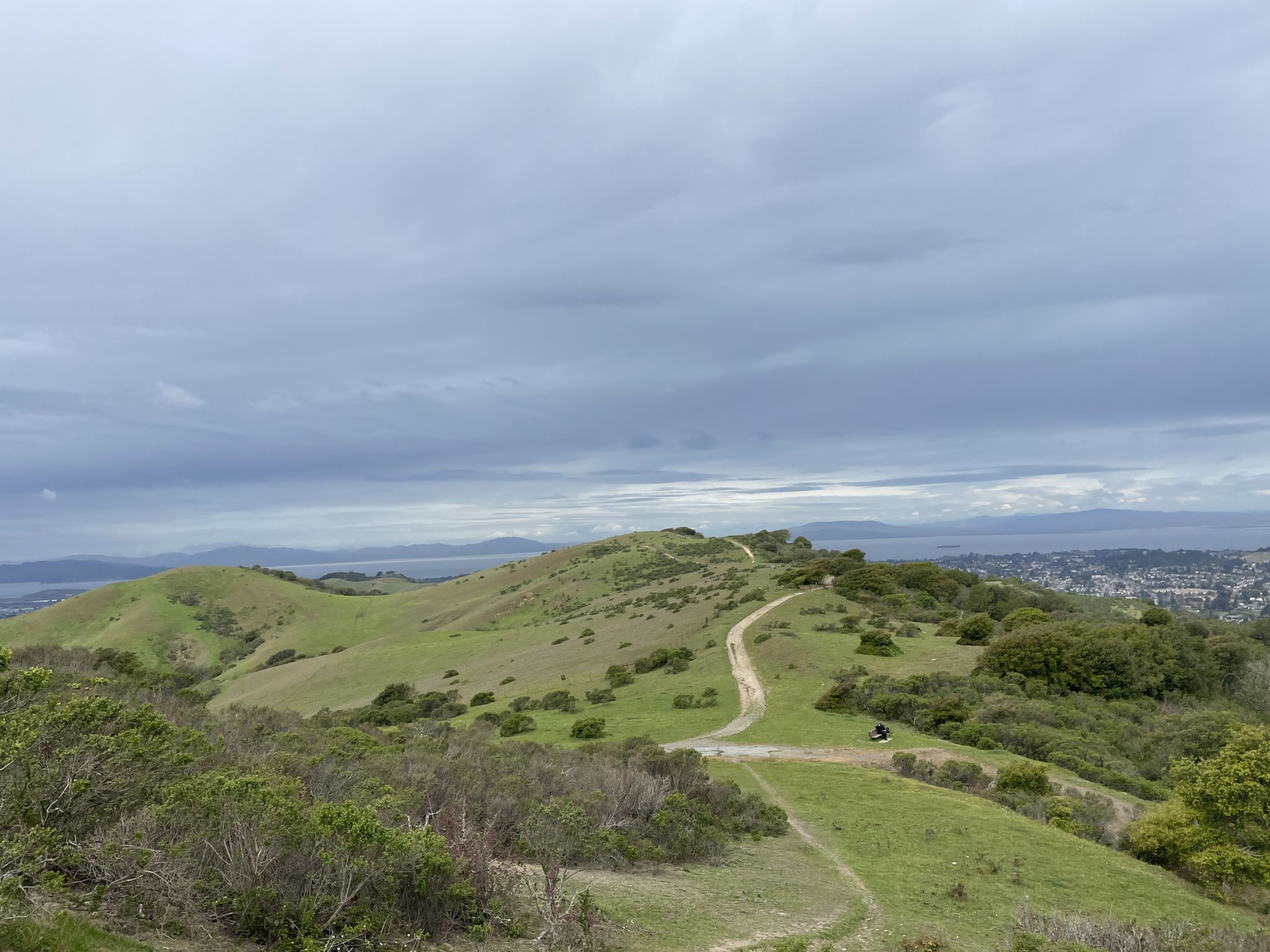 A winding dirt path traverses green hills under a cloudy sky. - Conlon Trail and Nimitz Way Loop