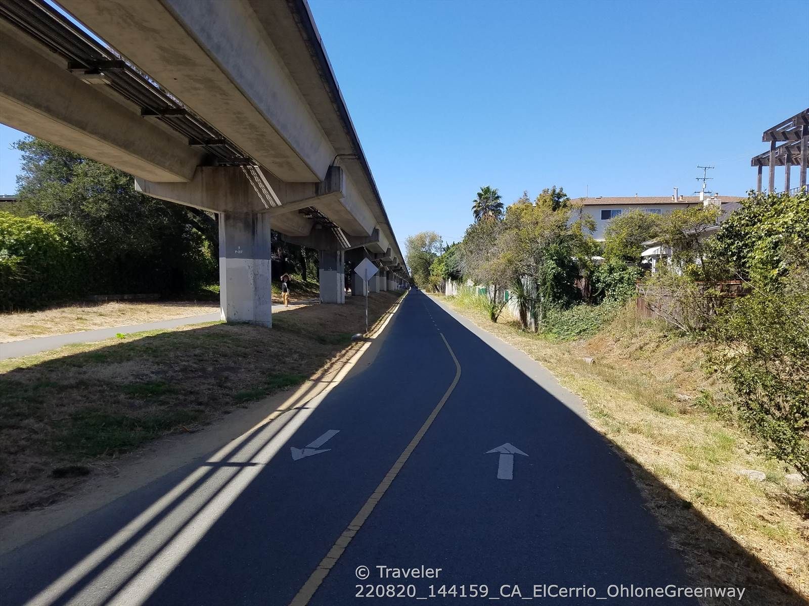 Long paved pathway with arrows extends under an elevated concrete structure. - Albany sign – Albany Library Murals loop from El Cerrito