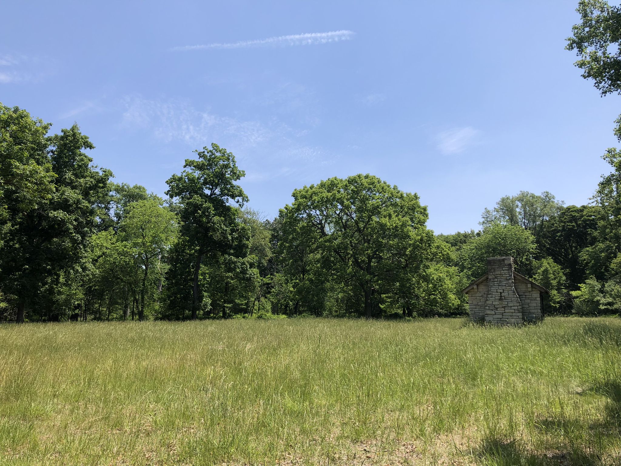 A stone structure stands in a sunny, tall grassy field surrounded by green trees. - Des Plaines River Trail Loop