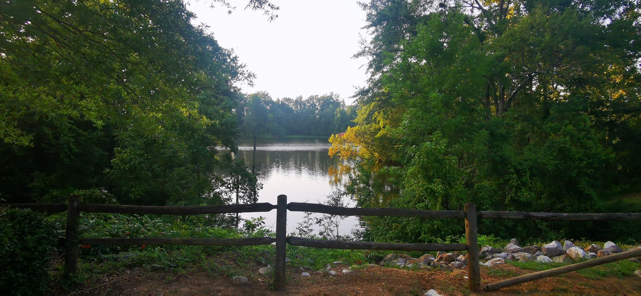 Calm lake framed by dense green trees and a rustic wooden fence. - Black Warrior River – Parker-Haun Park loop from Tuscaloosa