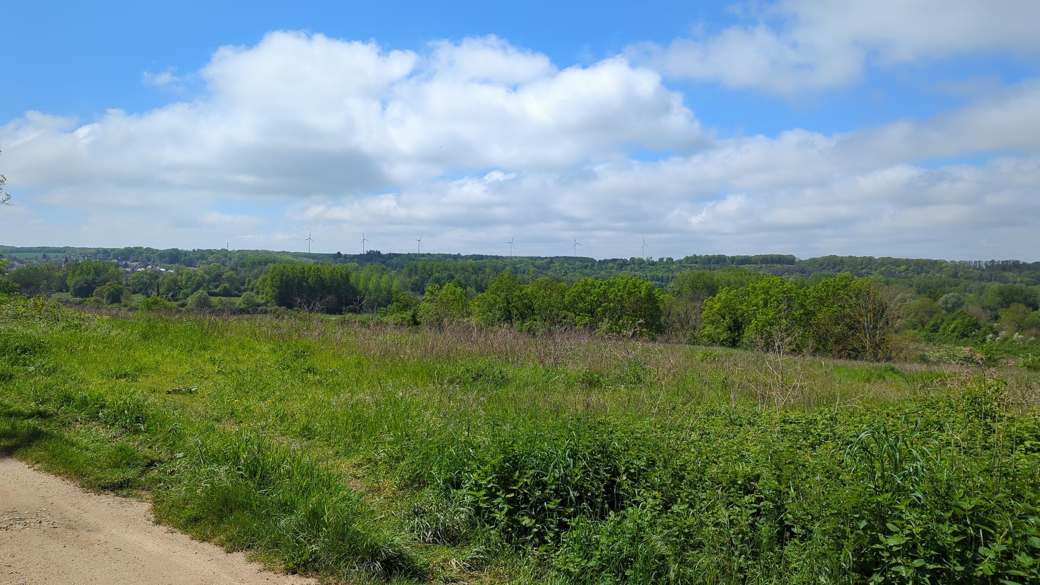 Vue sur les éoliennes de Villemeux depuis le coteau de Mauzaize