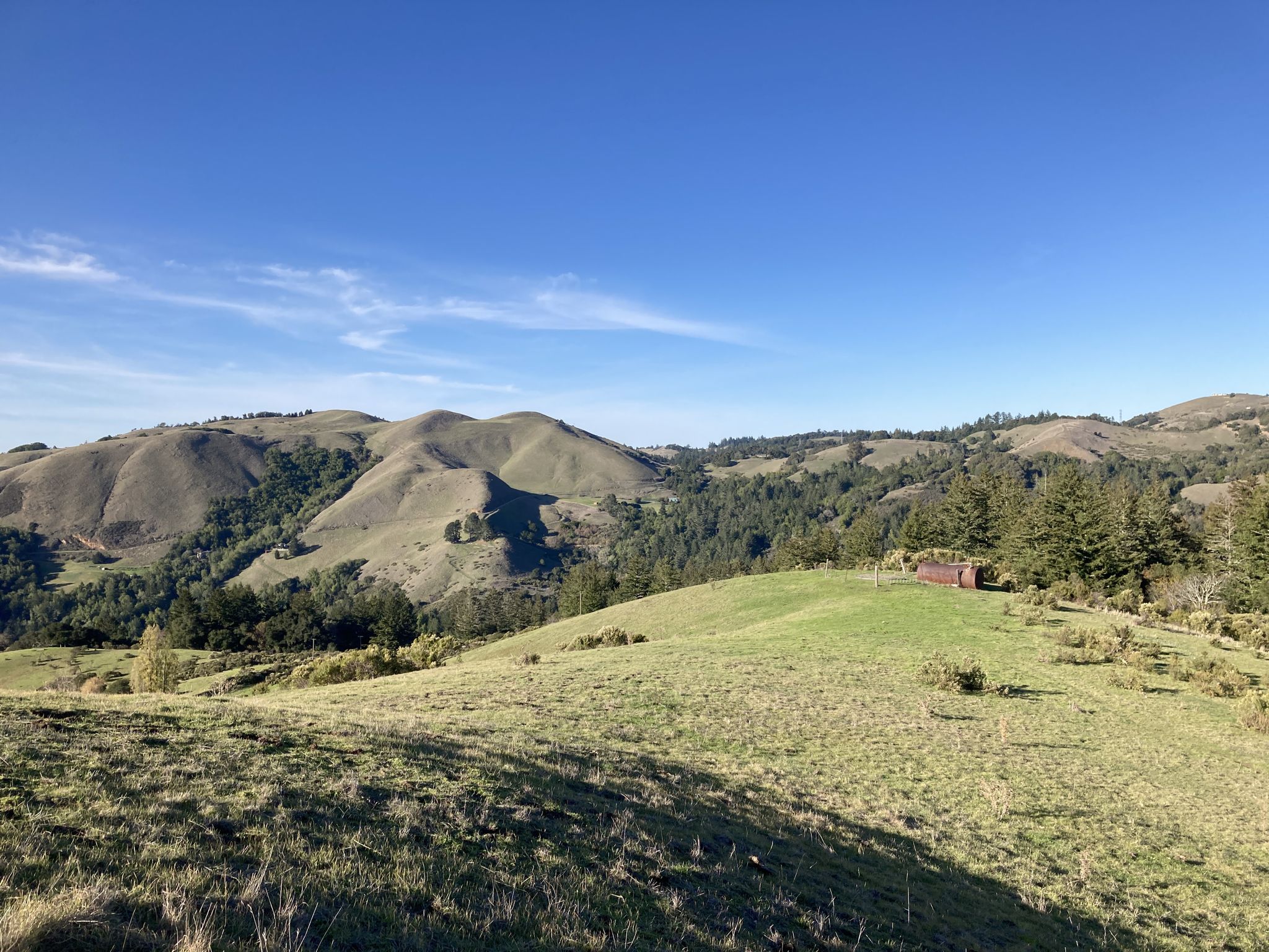 Expansive view of rolling green hills and distant forested mountains on a clear day. - Skyline Boulevard Viewpoint – Alpine Pond loop from Skyline Ridge Open Space Preserve