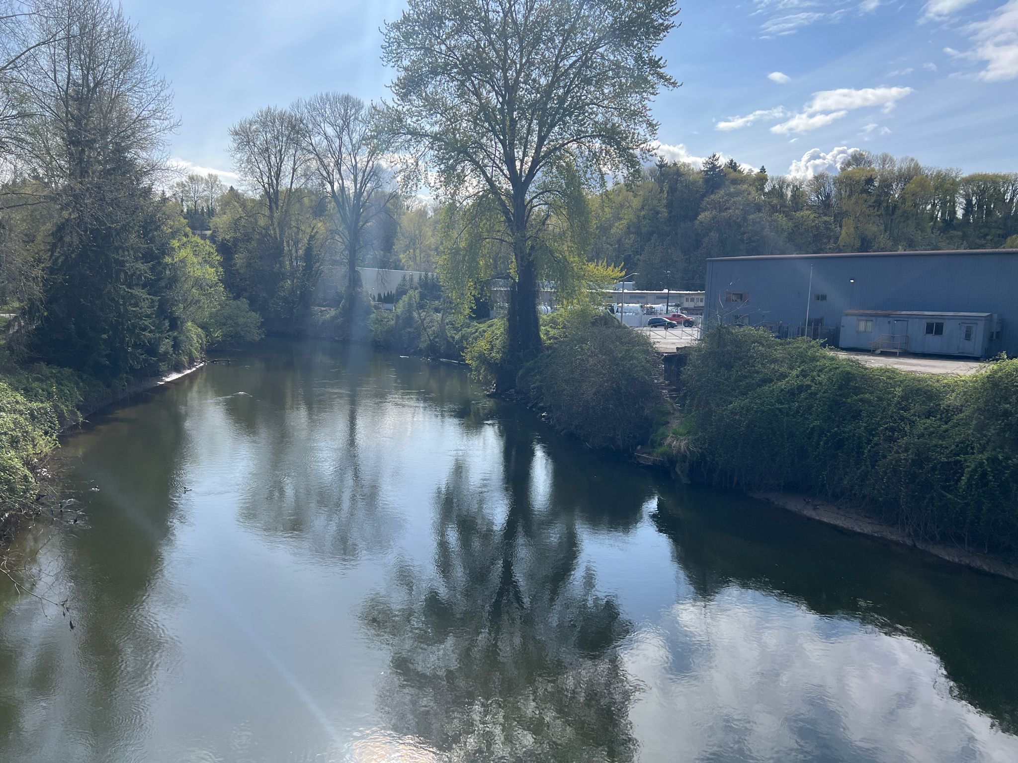 A calm river reflects trees and sky, with industrial buildings on the bank. - Van Doren's Landing Park – Tukwila Pond Park loop from Kent