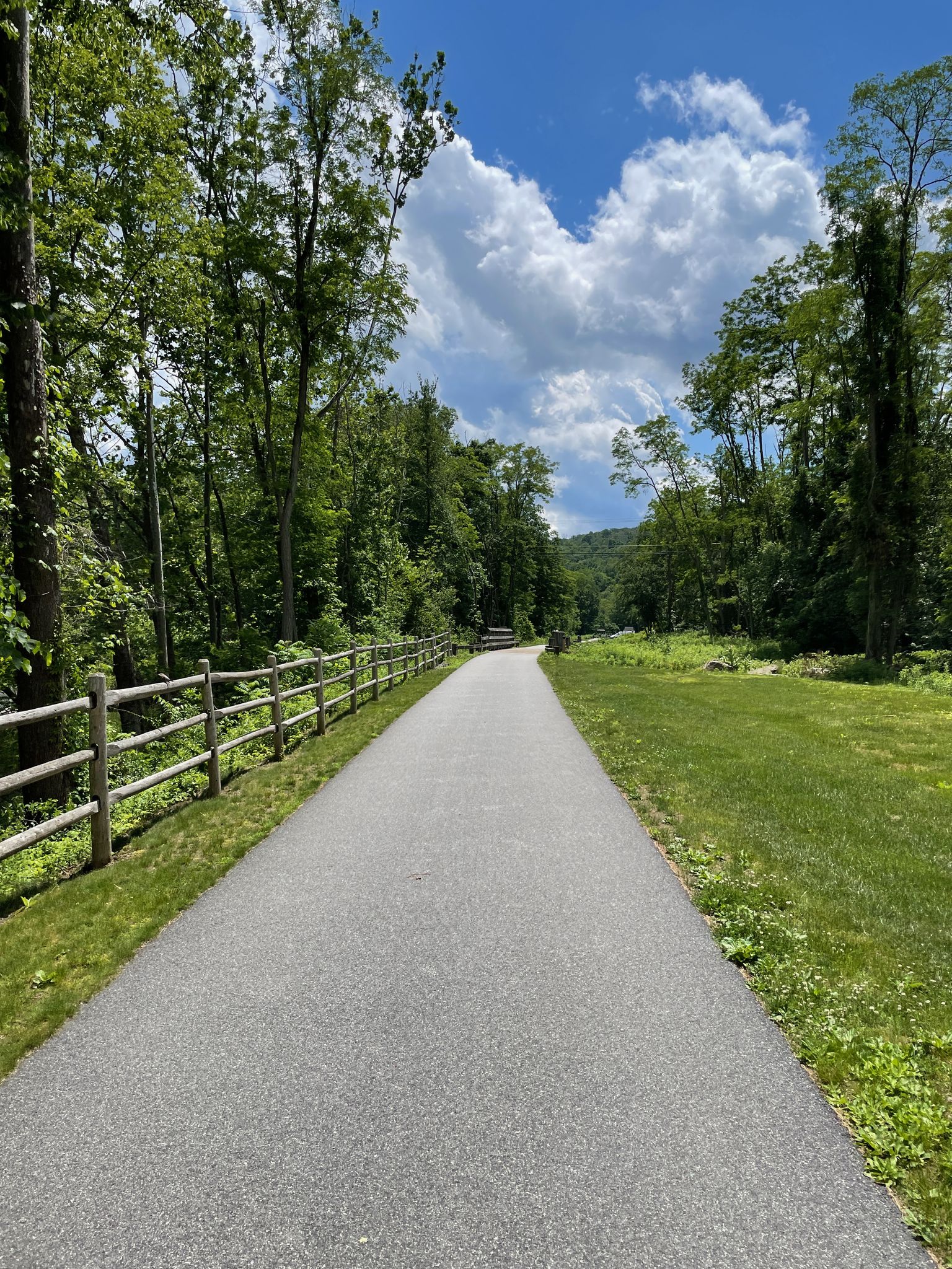 Paved path next to a wooden fence, surrounded by green trees and grass. - Farmington River Trail – Farmington River Trail loop from Collinsville Historic District