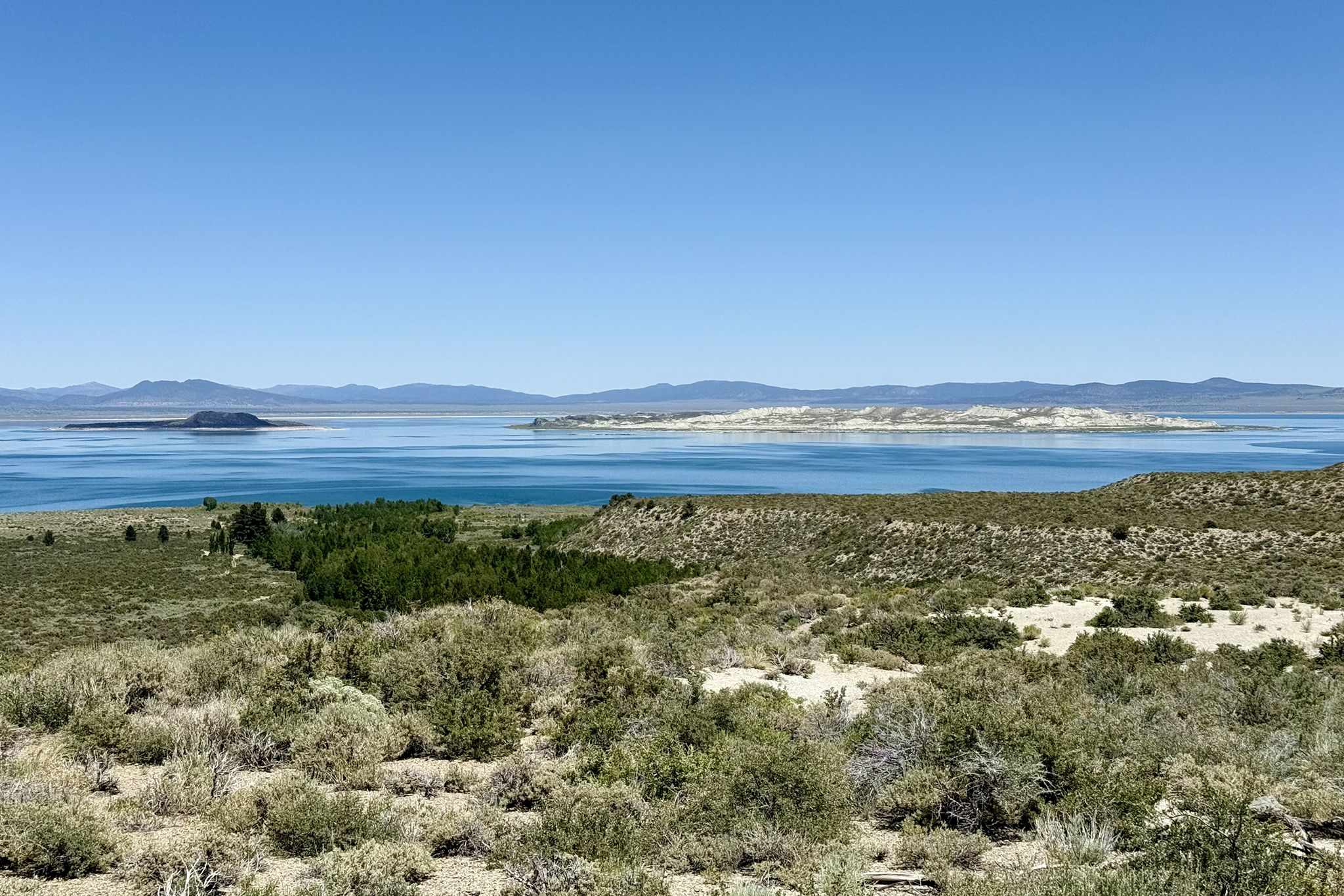 A wide landscape view of a blue lake, a green valley, and arid hills under a clear sky. - Mono Basin Visitor Center – Lee Vining, California loop from Lee Vining