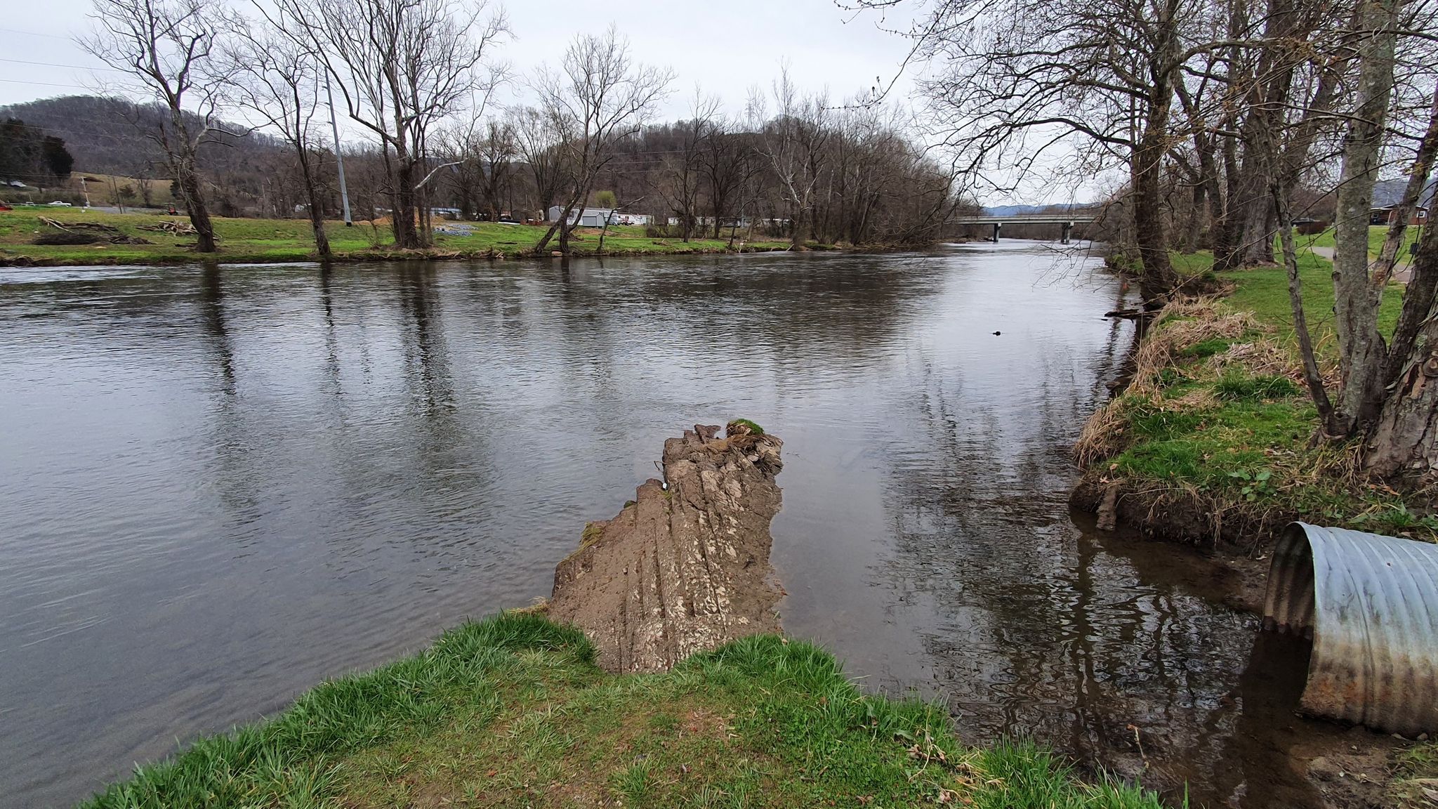 Wide river with bare trees and grassy banks under an overcast sky. - Elizabethton Linear Path