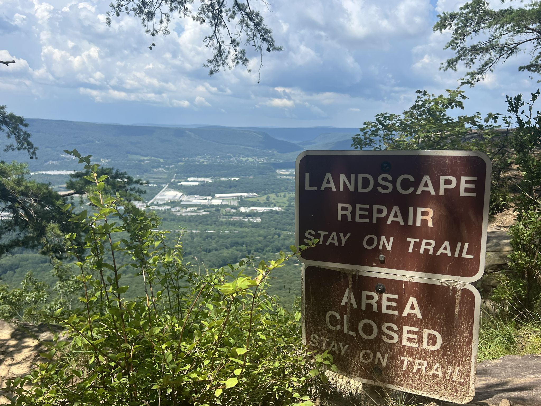 Trail signs "LANDSCAPE REPAIR" and "AREA CLOSED" overlooking a valley. - Upper Truck and Bluff Trail Loop