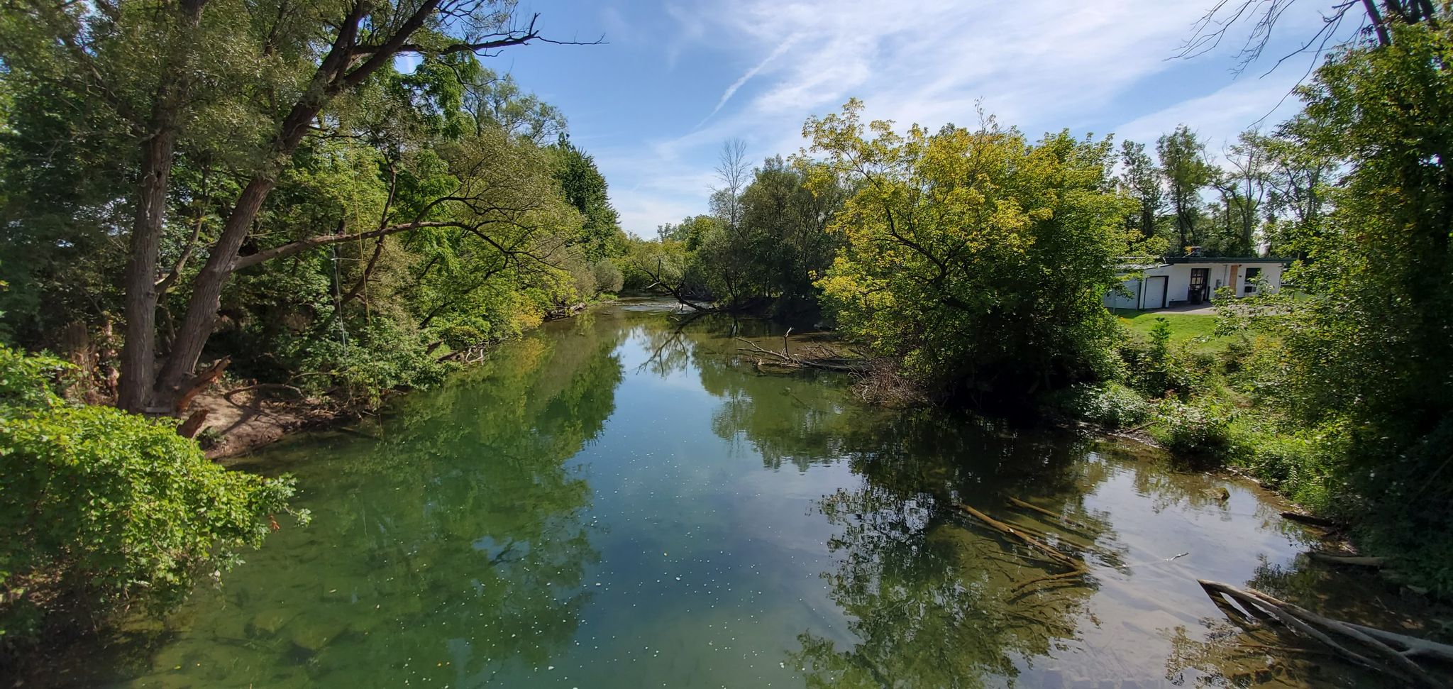 Calm river reflecting green trees and a blue sky, with a distant building. - Wadsworth Junction – Lock 2 loop from Village of Avon
