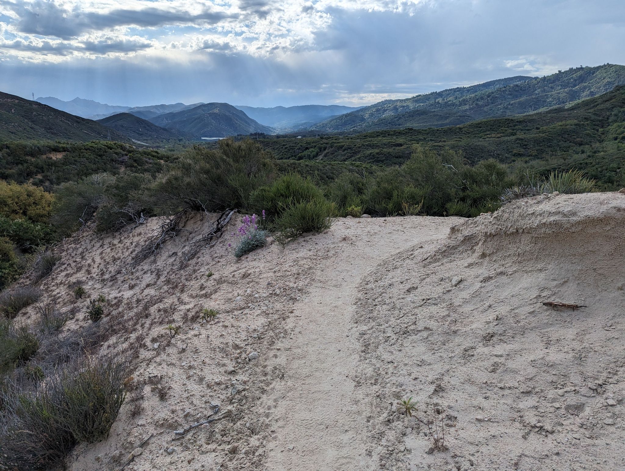Dirt path on a ridge overlooking green valleys and distant mountains. - Pacific Crest Trail: California Section C